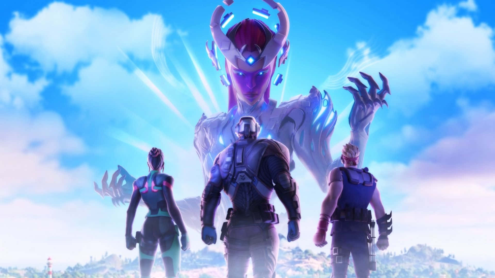 Fortnite Chapter 3 Season 1, armored characters, towering glowing alien figure, Full HD Desktop Wallpaper
