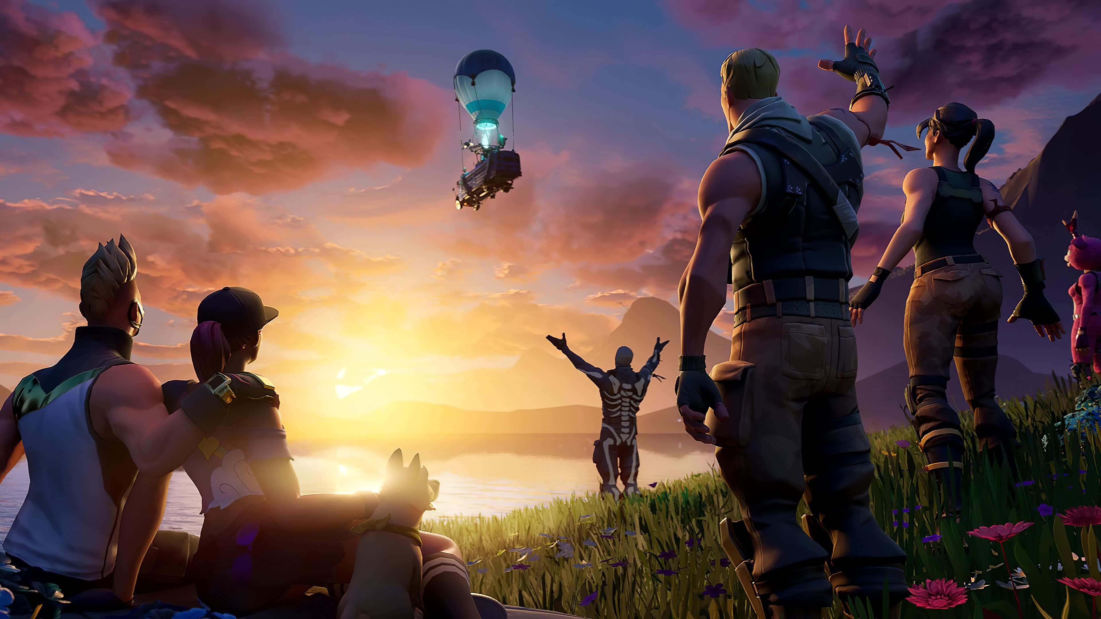 Fortnite Chapter 3 Season 1, glowing hot air balloon, sunset-lit valley, 4K Desktop Wallpaper