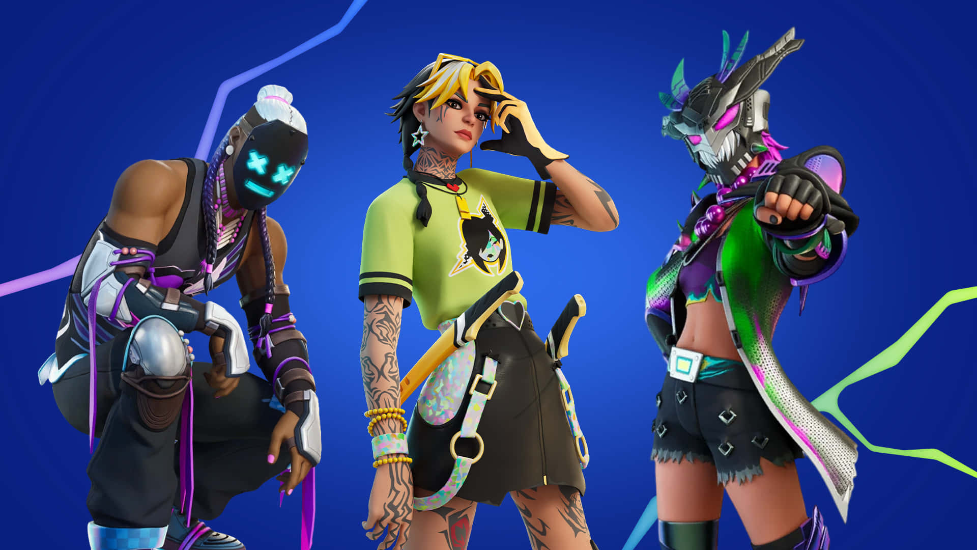 Fortnite Chapter 3 Season 1, neon outfits, vibrant blue background, Full HD Desktop Wallpaper