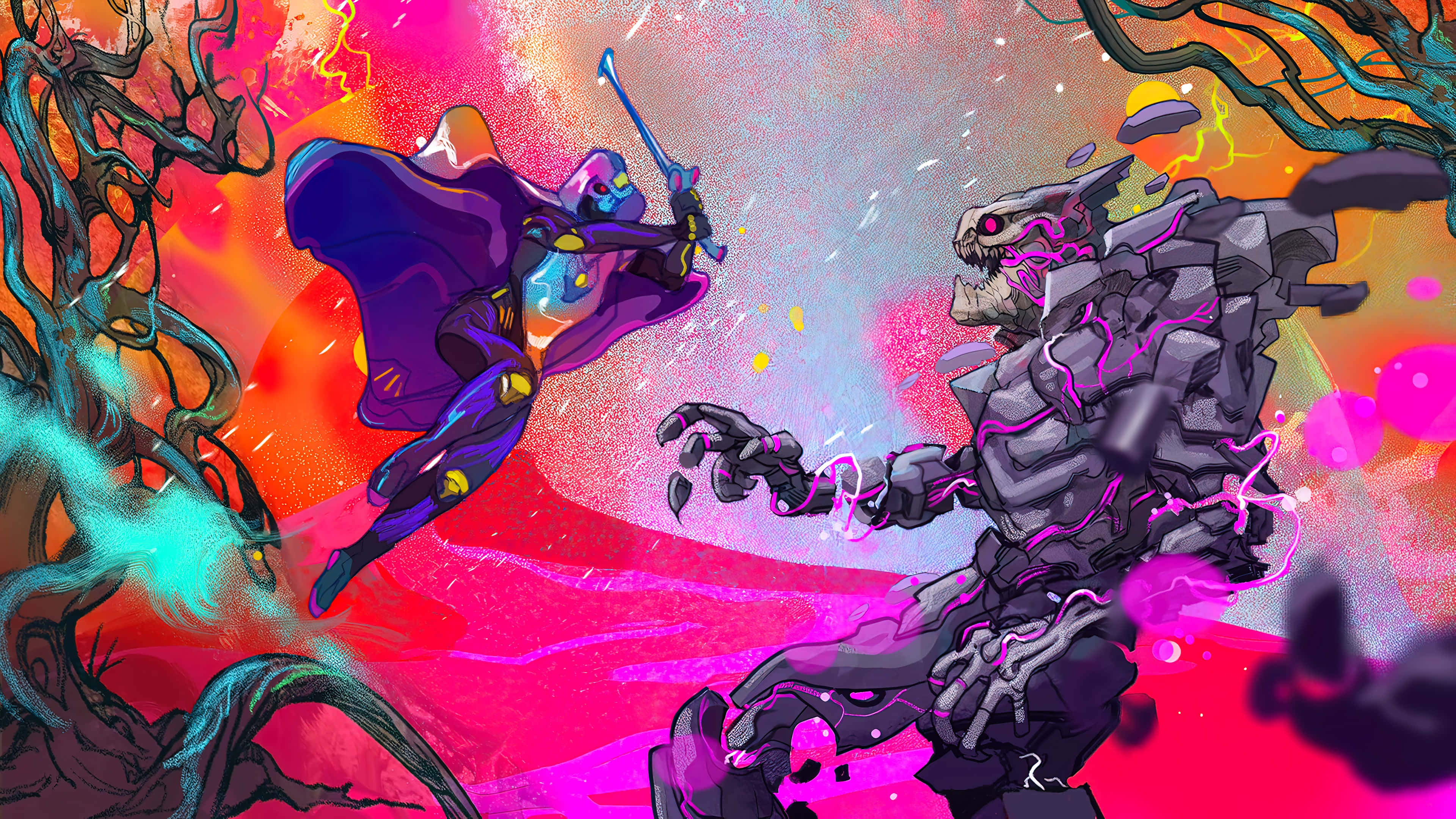 Fortnite Chapter 3 Season 1, purple-clad hero, monstrous stone golem, 4K Desktop Wallpaper