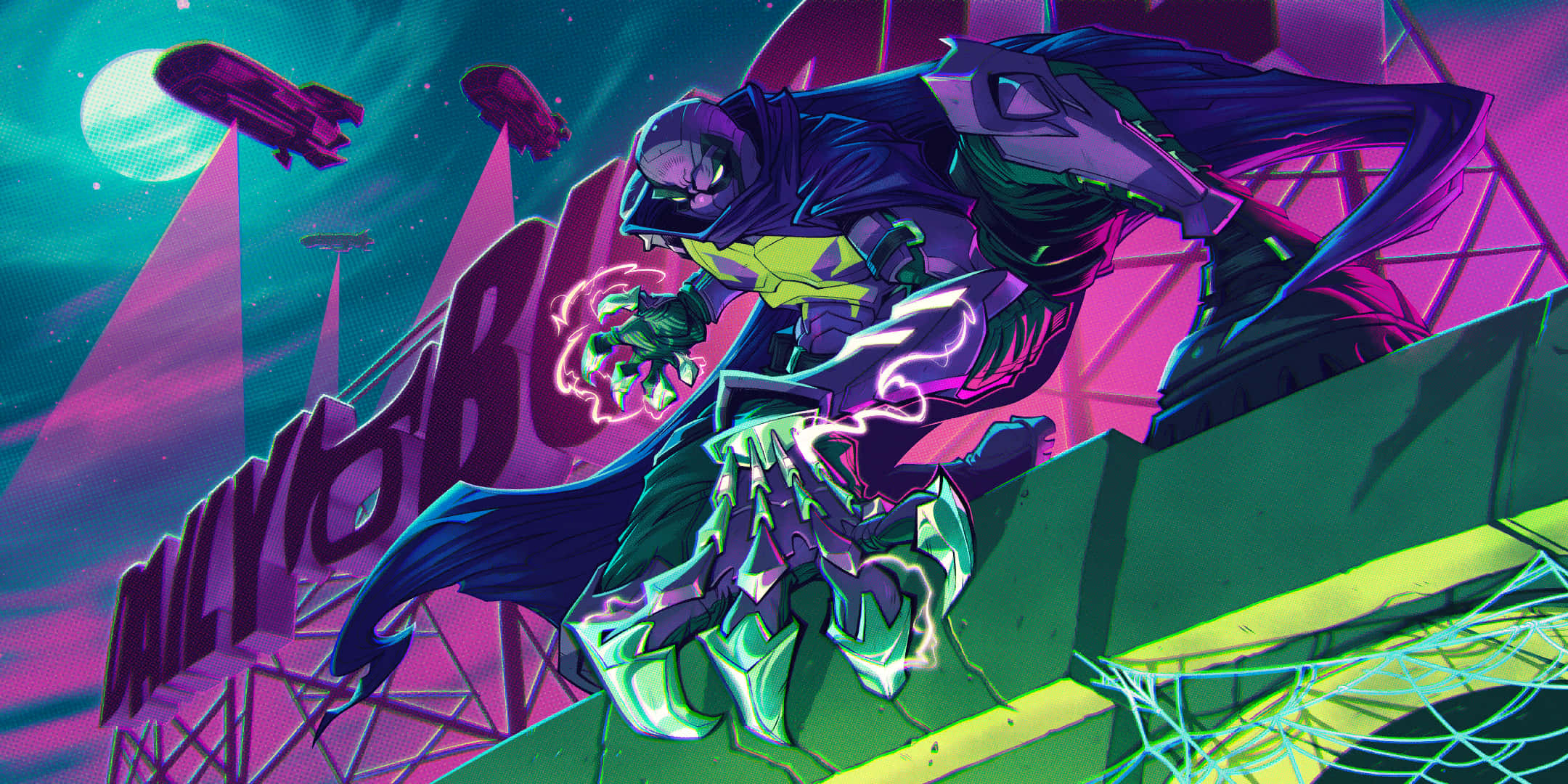 Fortnite Chapter 3 Season 1, neon-lit rooftop, glowing green creature, Full HD Desktop Wallpaper