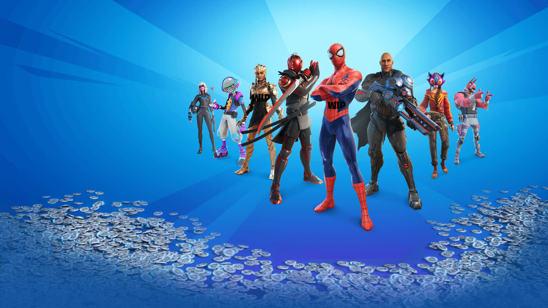 Fortnite Chapter 3 Season 1, blue gradient stage, coins, Full HD Desktop Wallpaper