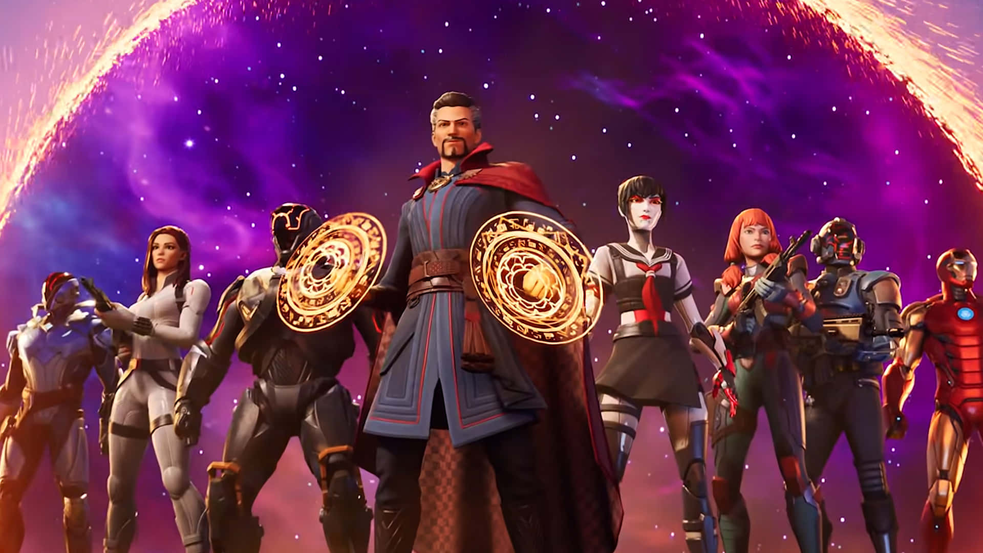 Fortnite Chapter 3 Season 1, superheroes, cosmic purple and orange nebula, Full HD Desktop Wallpaper