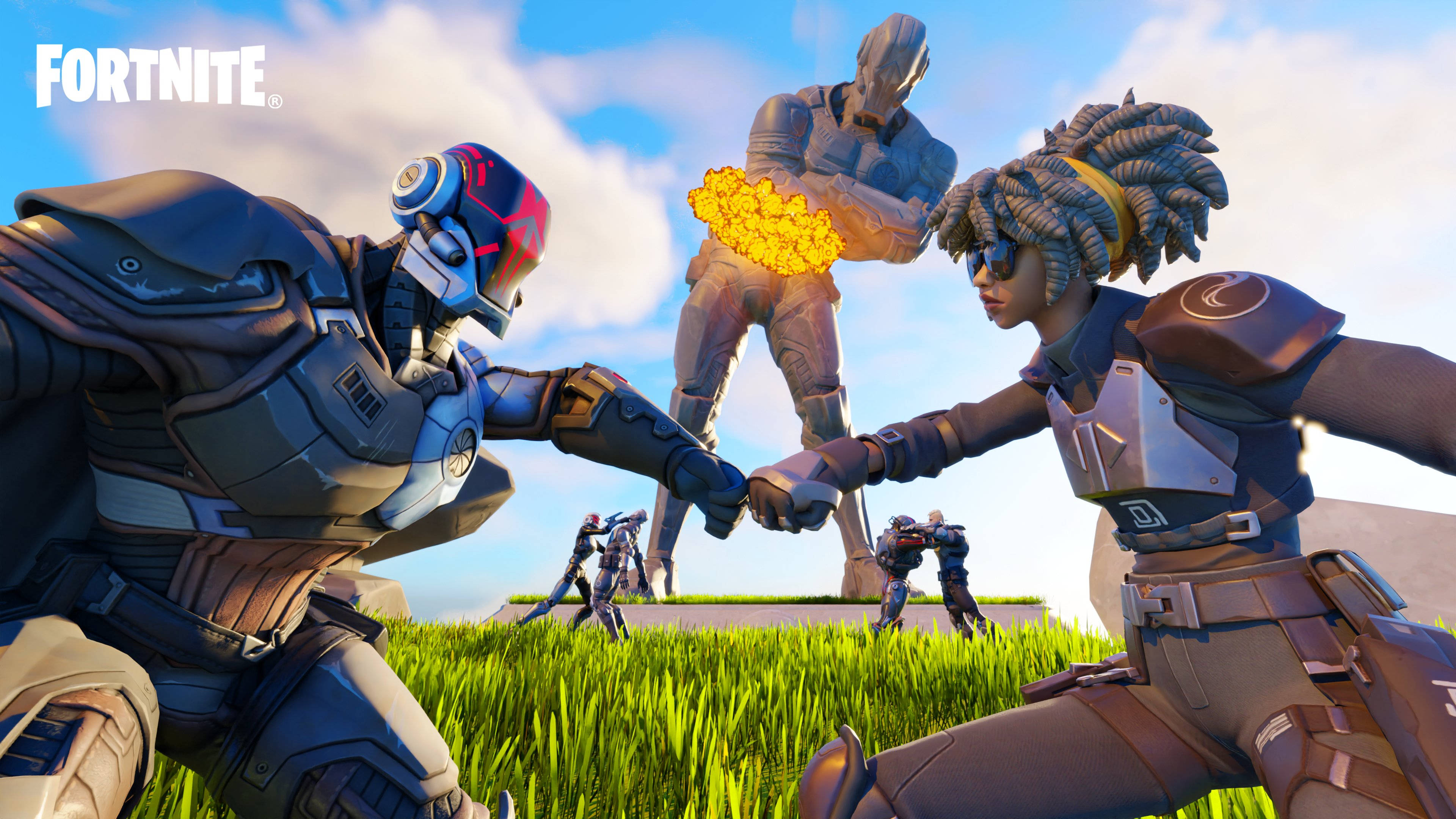 Fortnite Chapter 3, futuristic armor, grassy field, 4K Desktop Wallpaper