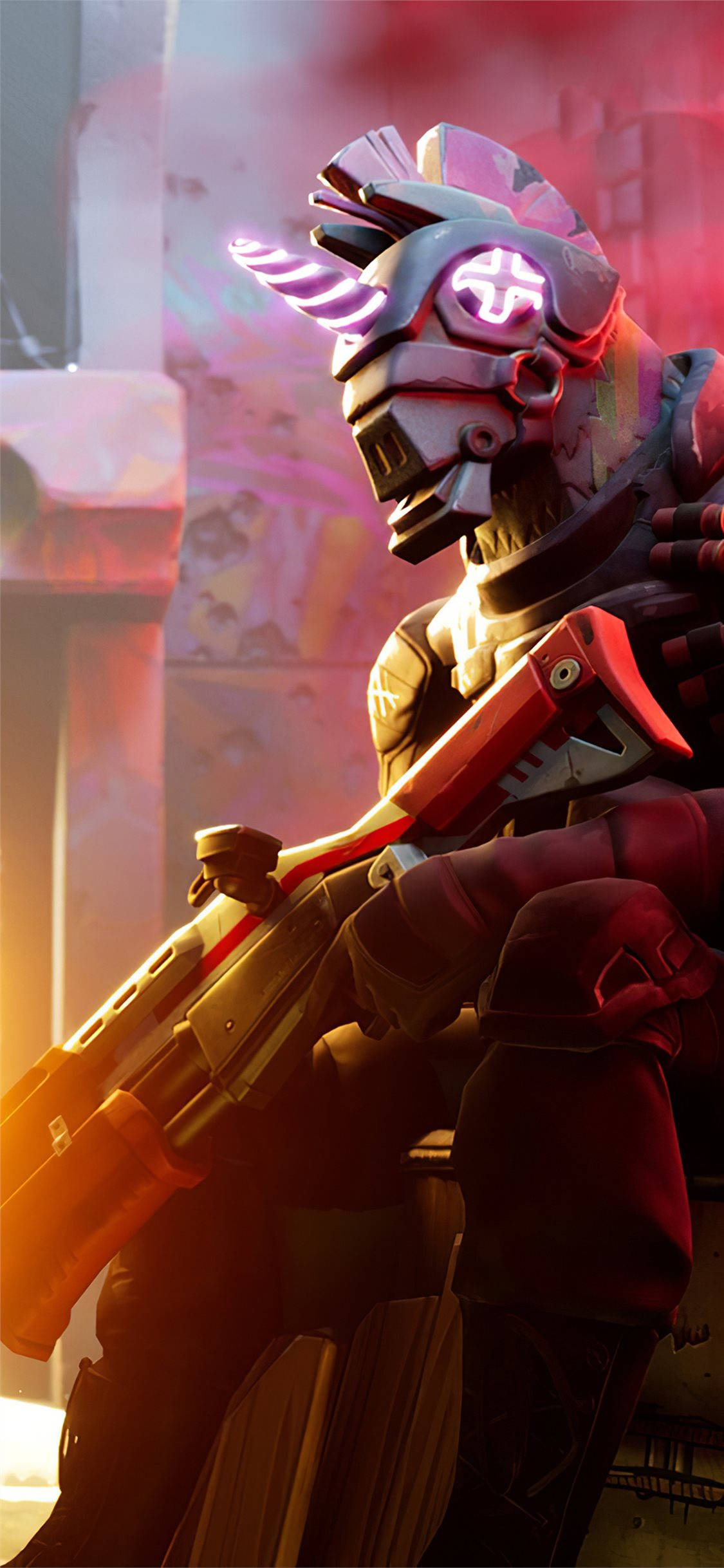 Fortnite Chapter 3, futuristic armored warrior, glowing pink horns, Full HD Phone Wallpaper