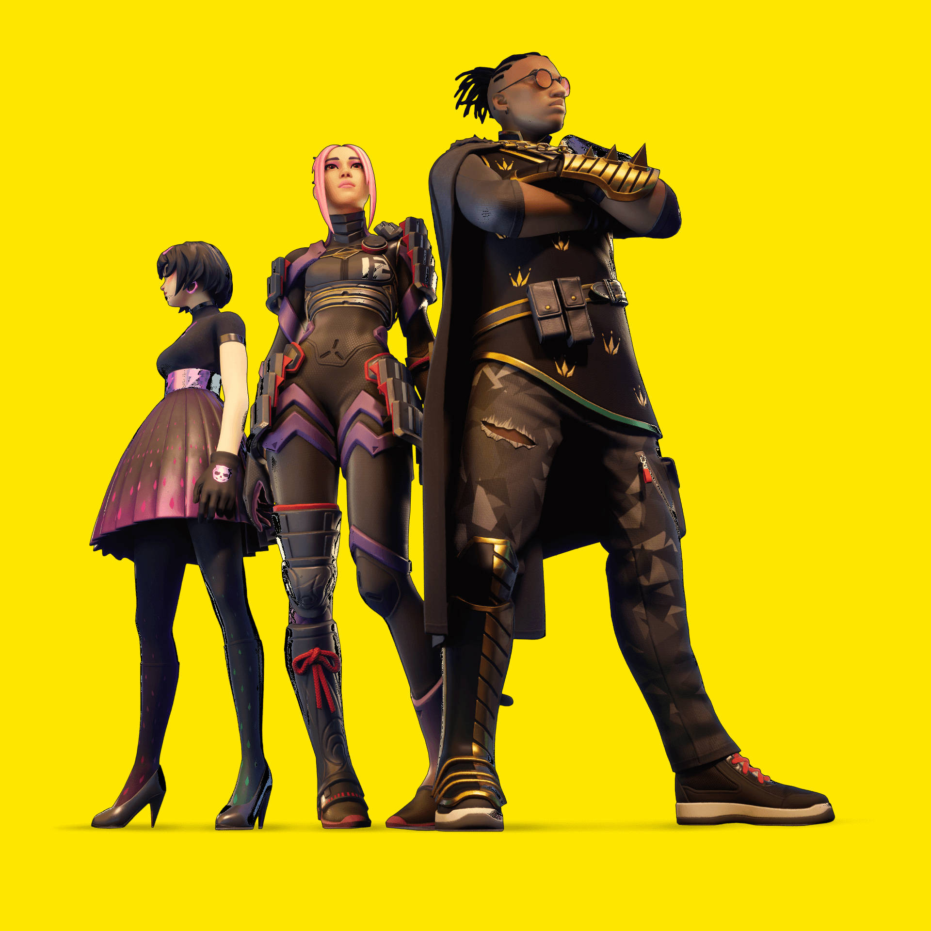 Fortnite Chapter 3, futuristic outfits, vibrant yellow background, Full HD Desktop Wallpaper