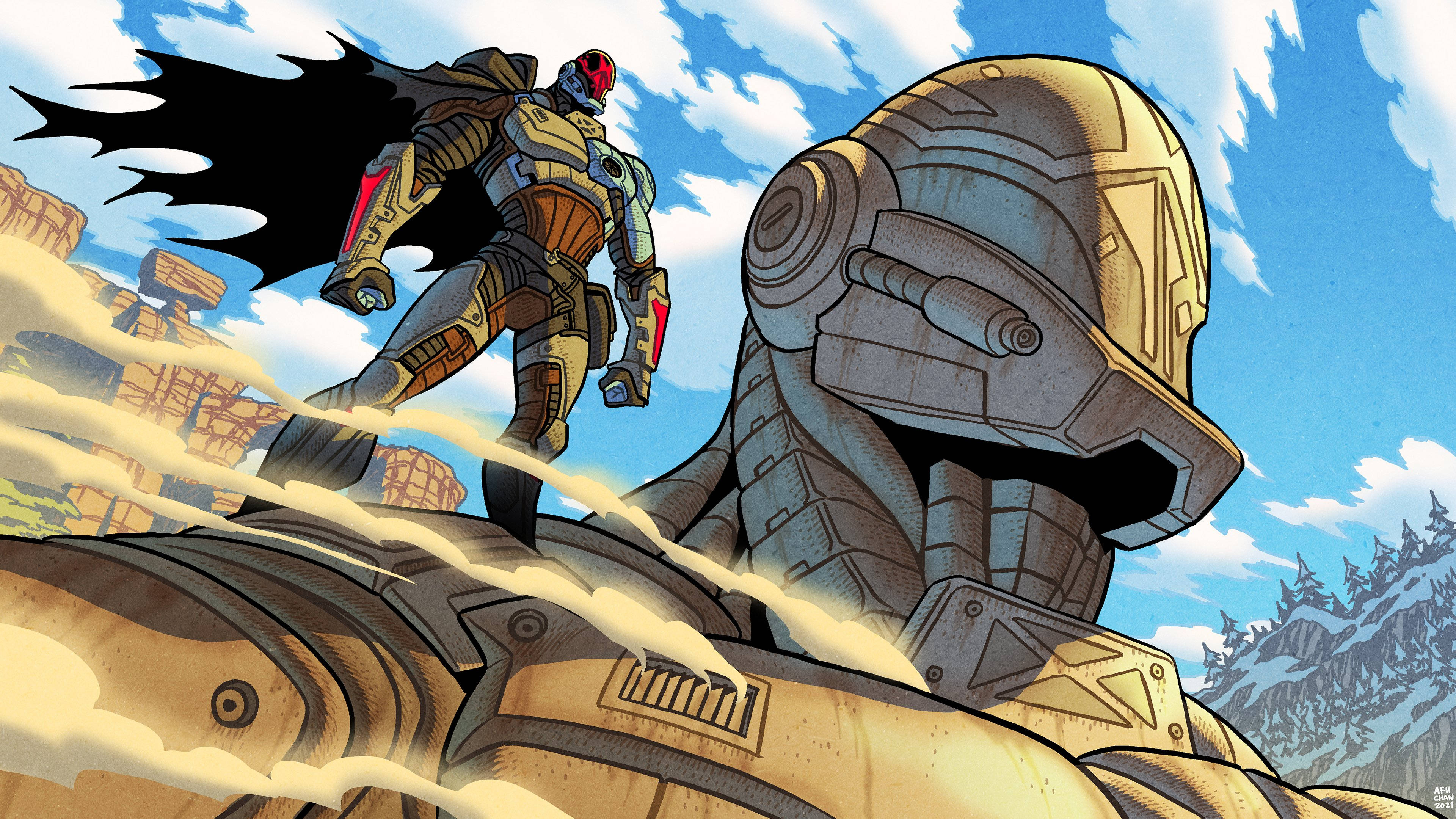 Fortnite Chapter 3, black cape, giant fallen robot, 4K Desktop Wallpaper