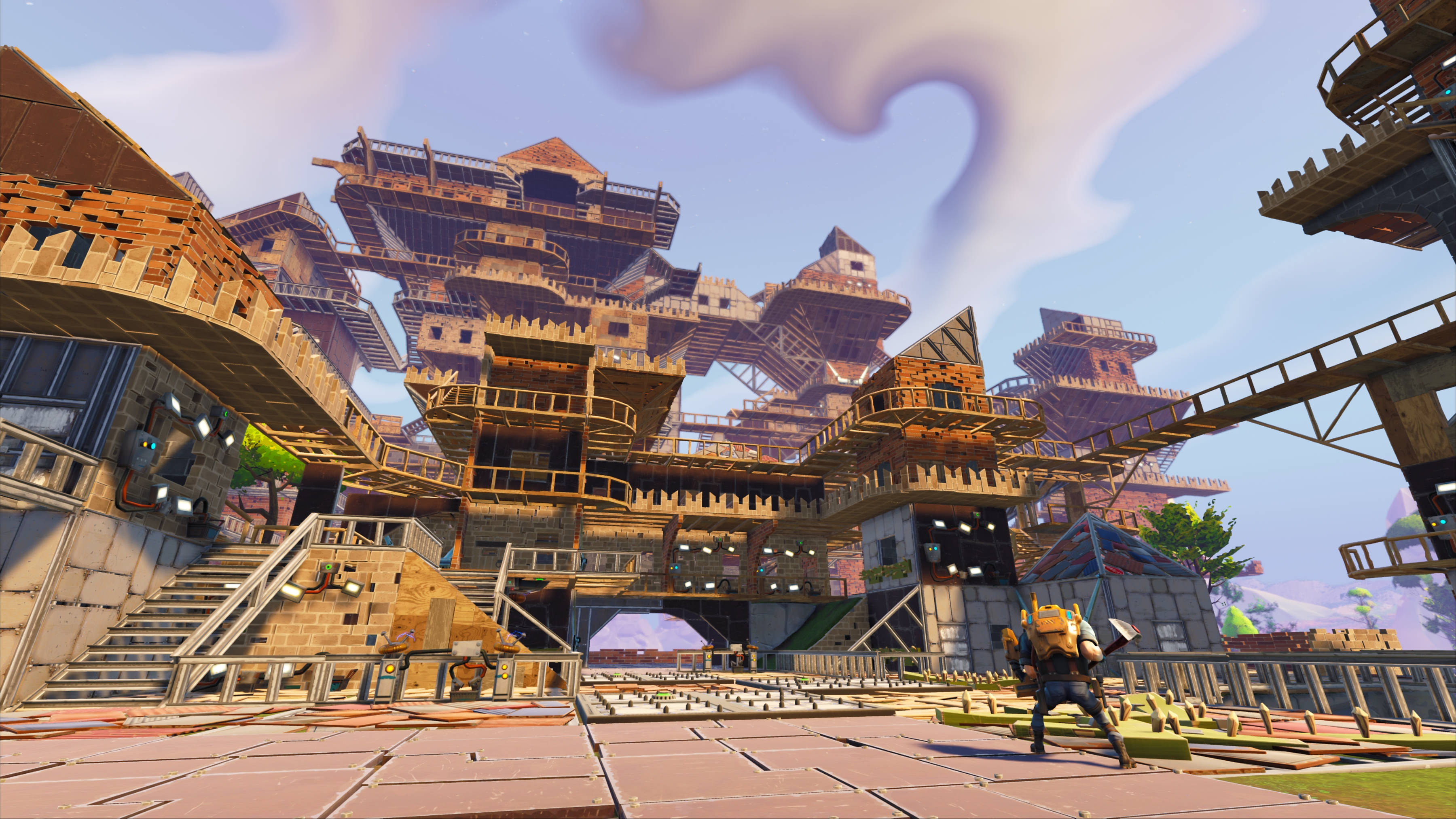 Fortnite Chapter 3, yellow backpack, massive intricate wooden structure, 2K Desktop Wallpaper