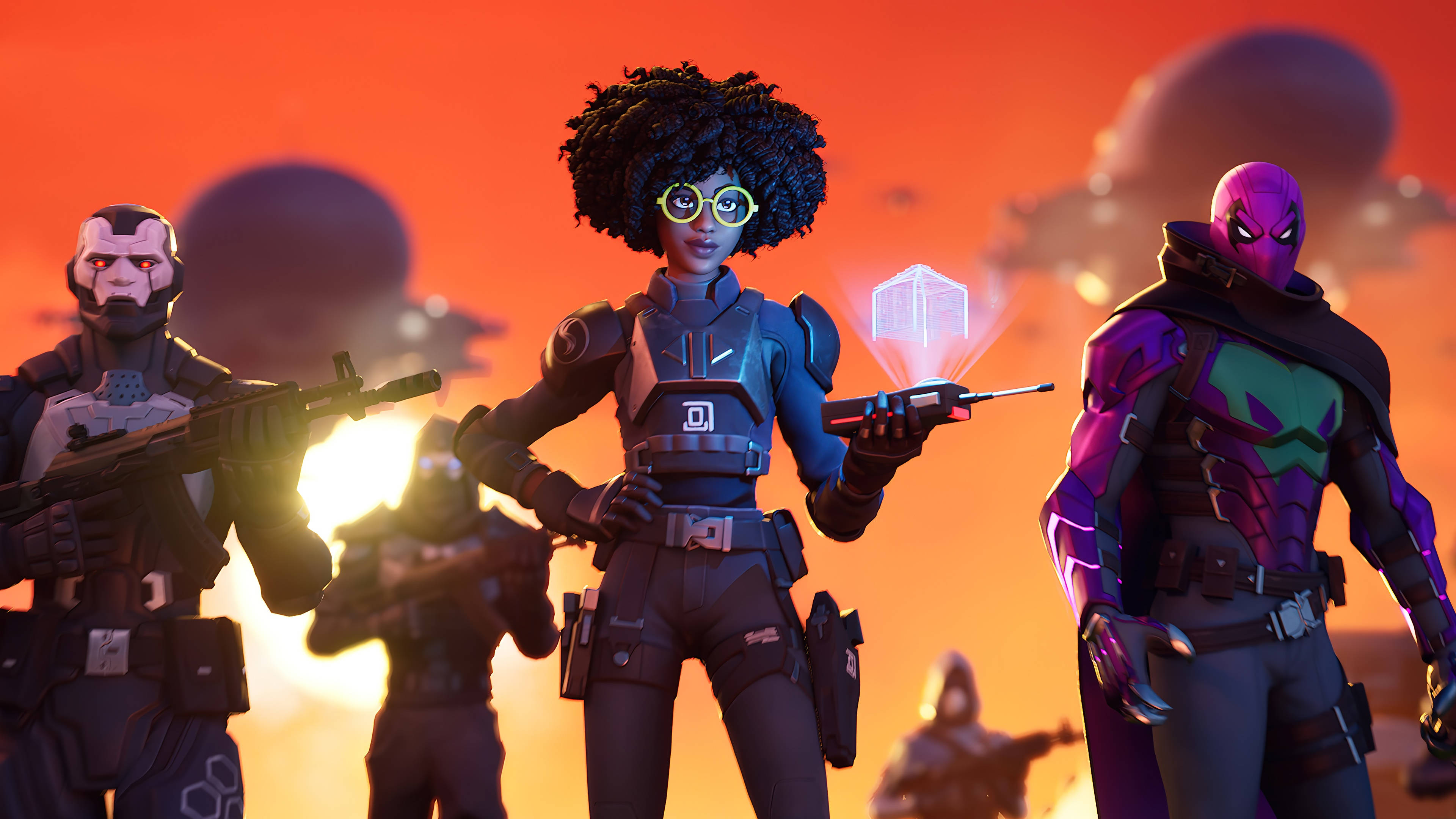 Fortnite Chapter 3, futuristic gear, glowing orange alien sunset, 4K Desktop Wallpaper
