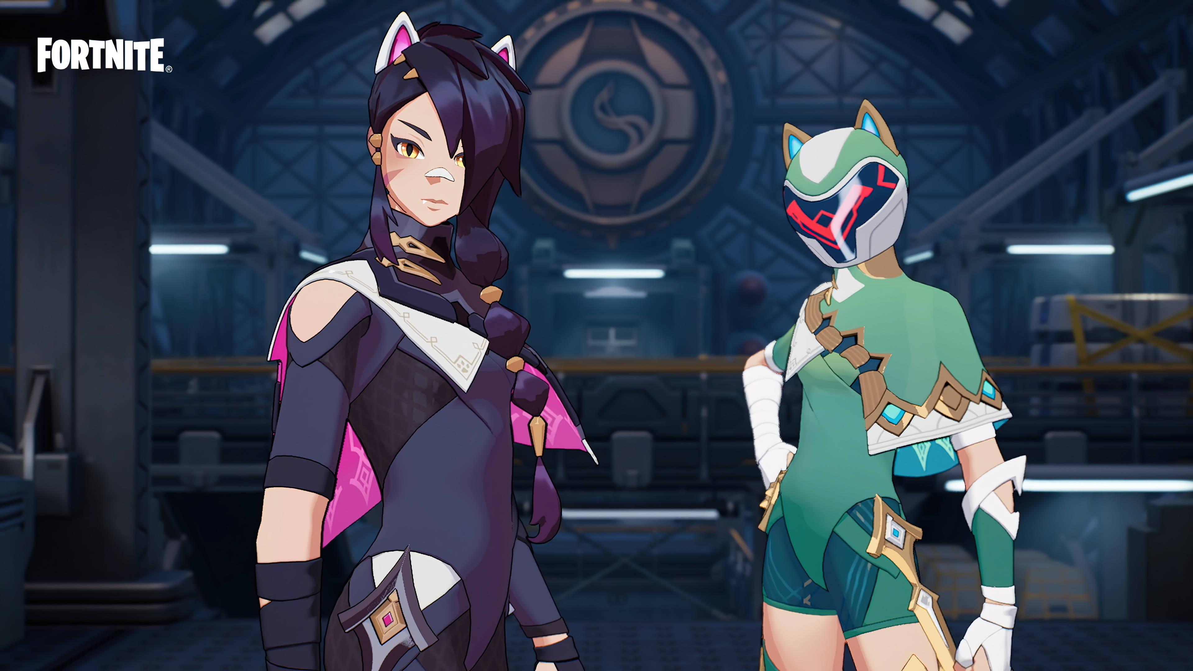 Fortnite Chapter 3, cat ears, futuristic industrial setting, 4K Desktop Wallpaper