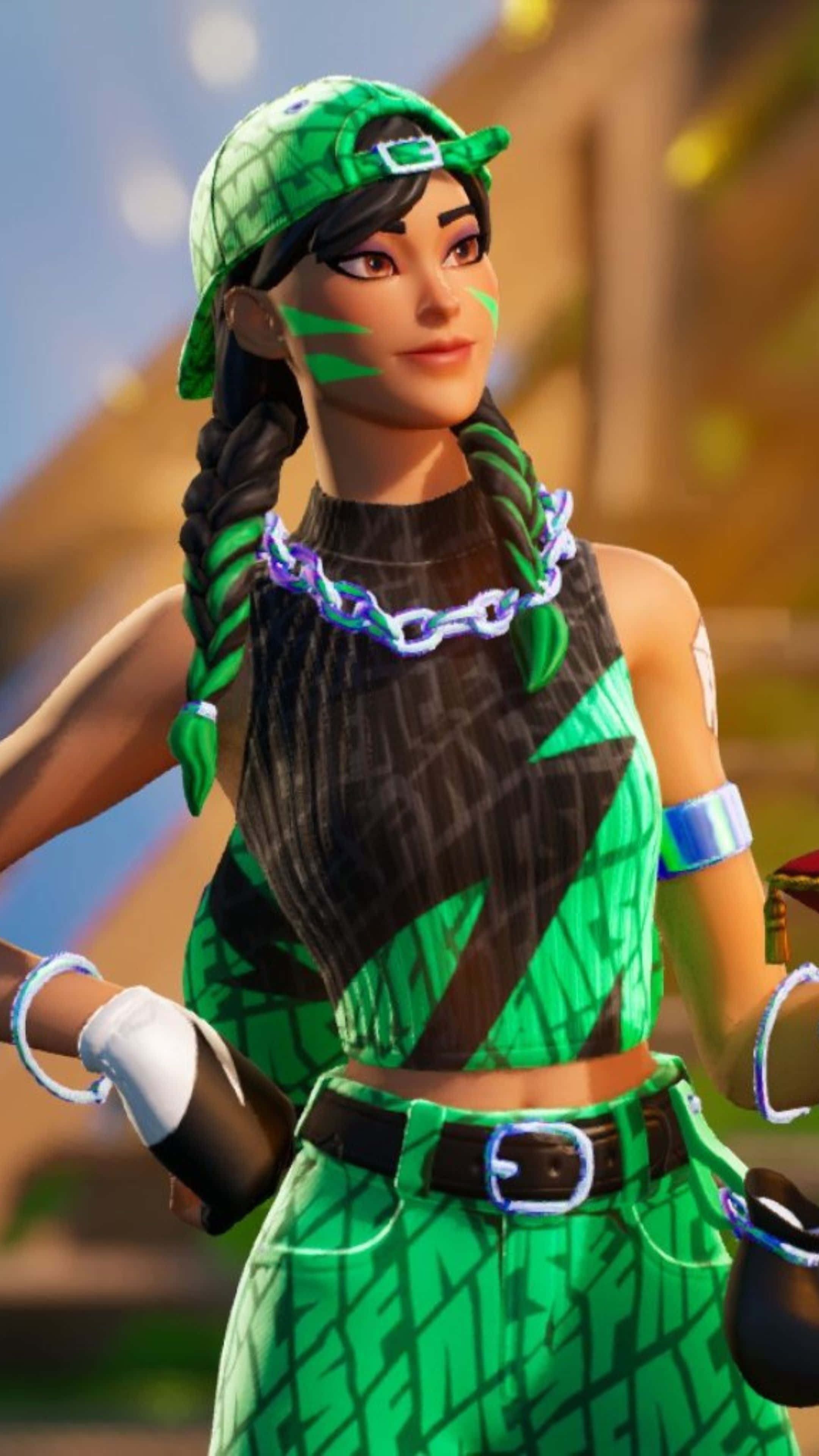 Fortnite, green outfit, green braids, 4K Phone Wallpaper