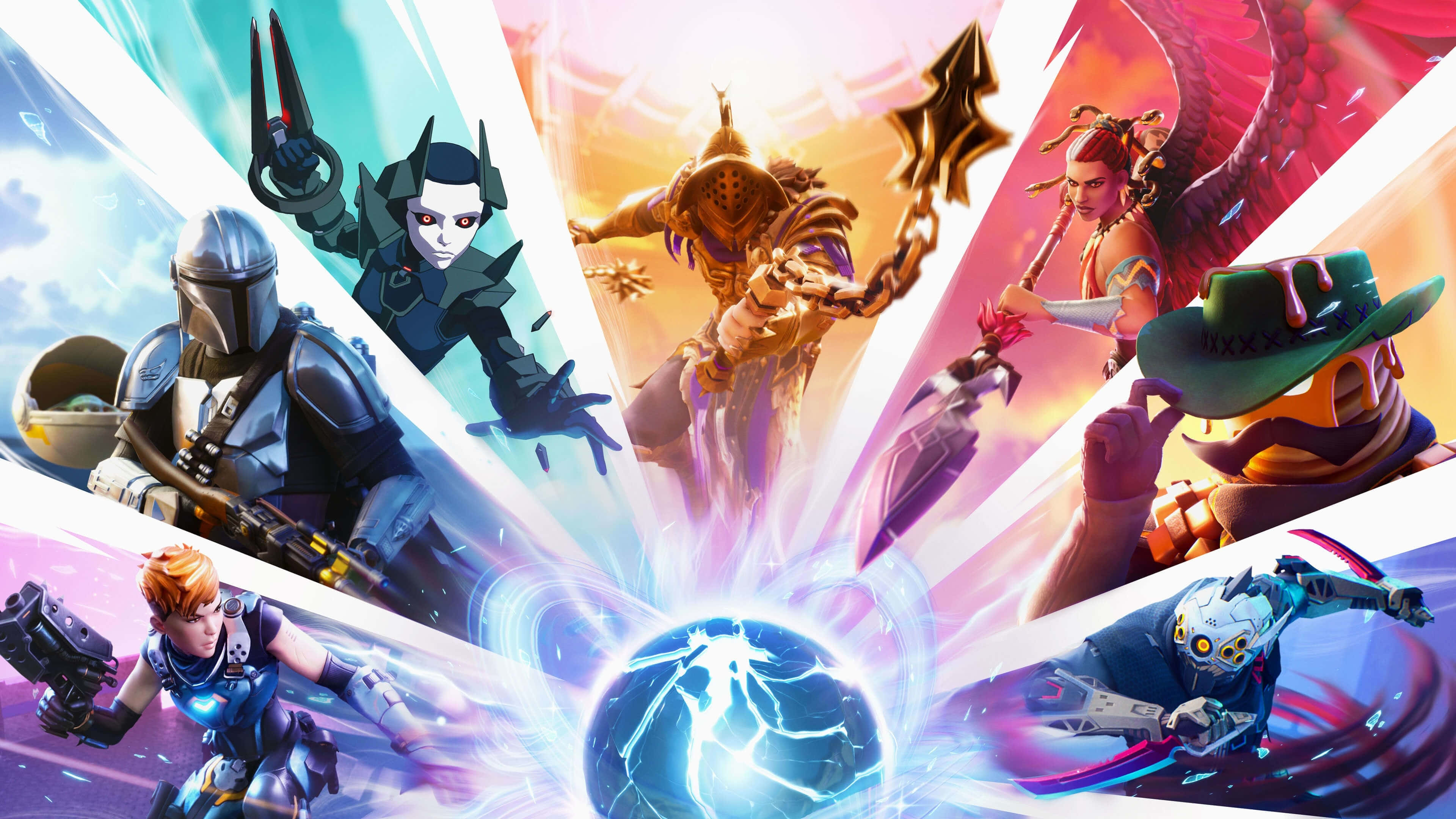 Fortnite, character collage, glowing blue orb, 4K Desktop Wallpaper