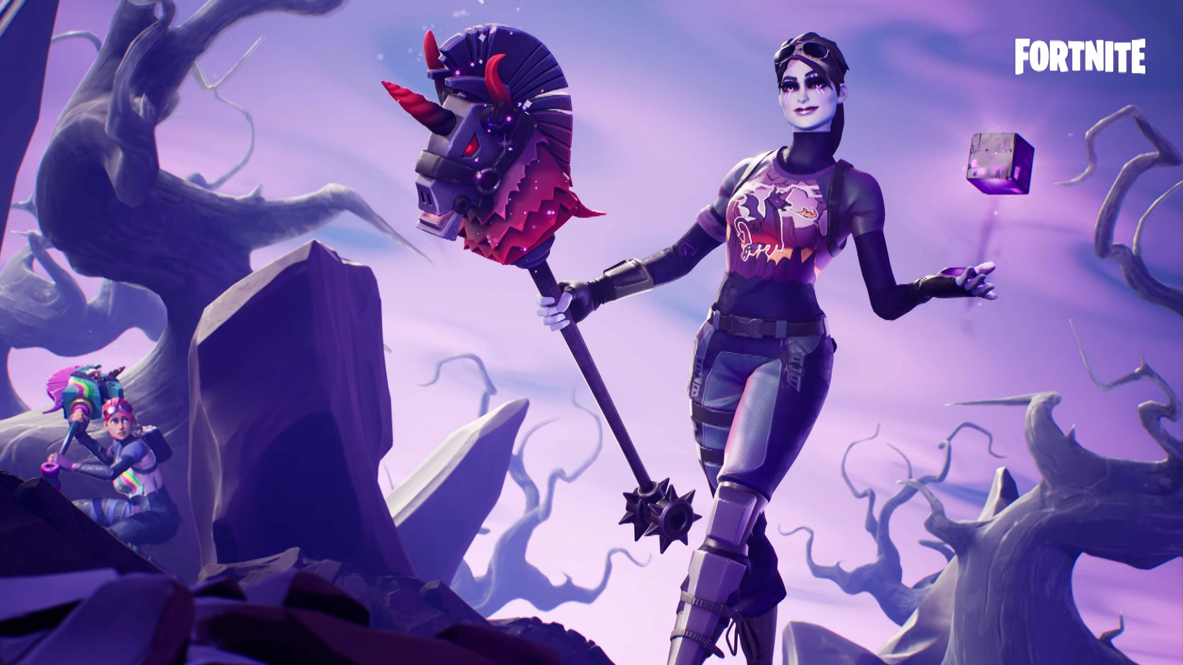 Fortnite Dark Bomber, demonic hammer, surreal purple landscape, 4K Desktop Wallpaper