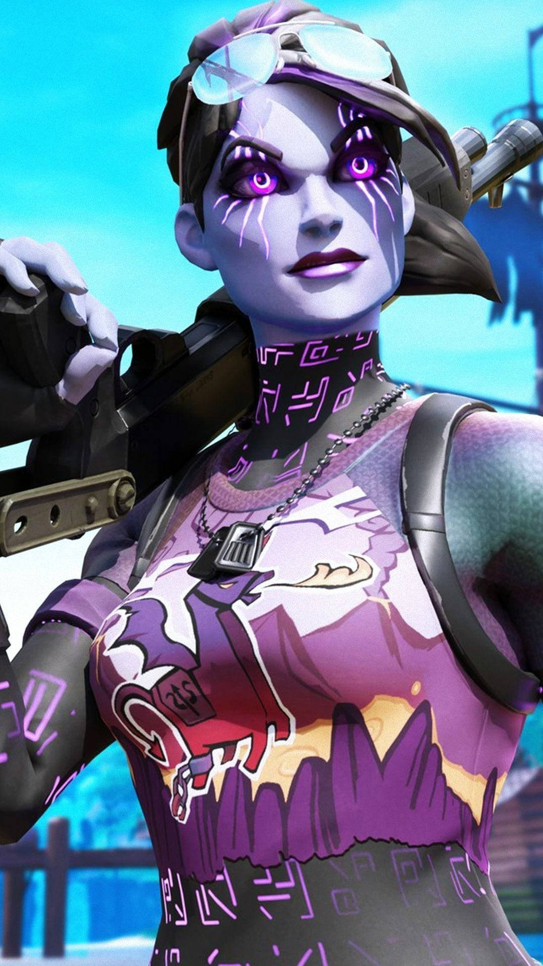 Fortnite Dark Bomber, cyberpunk female character, glowing purple eyes, Full HD Phone Wallpaper