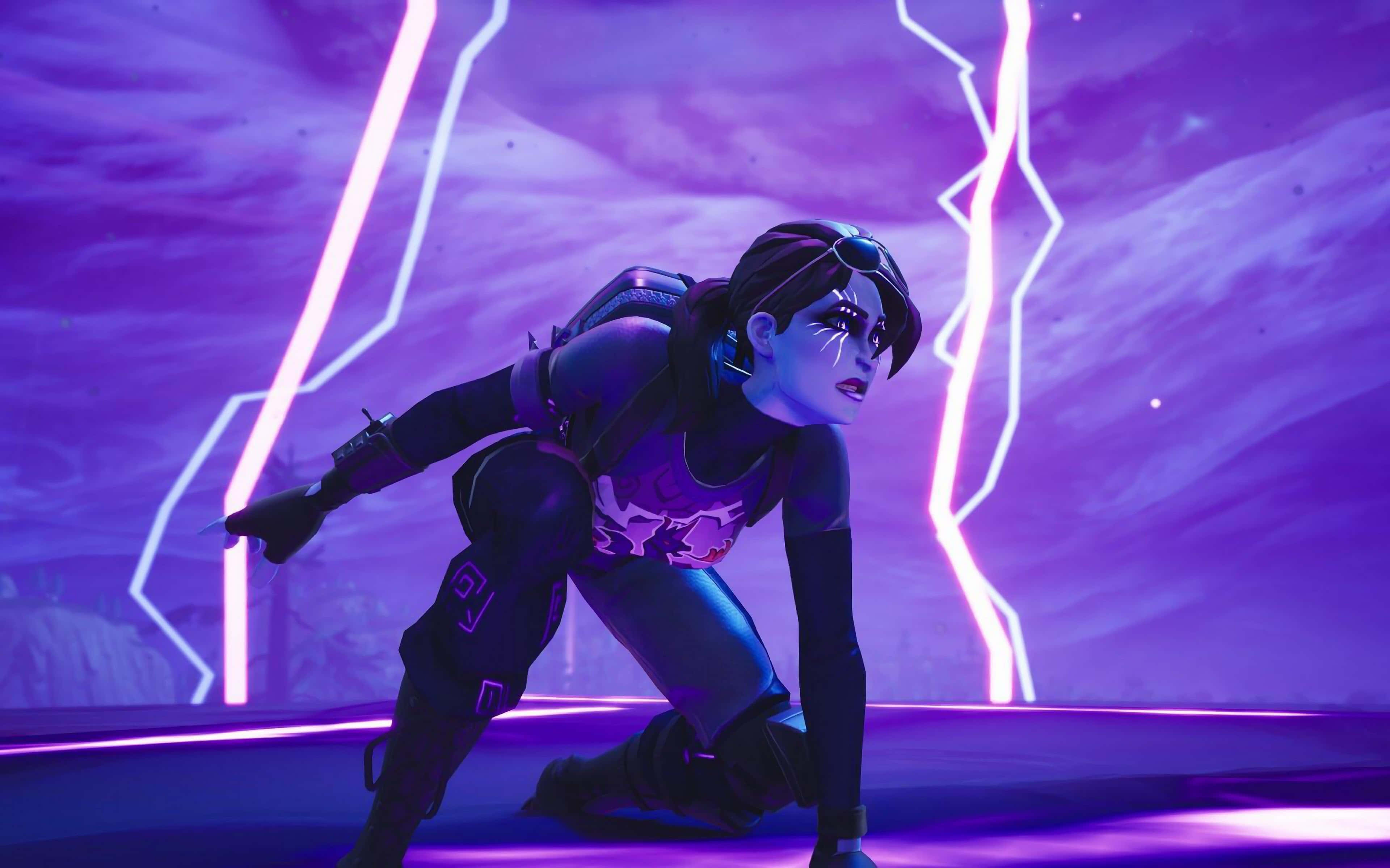 Fortnite Dark Bomber, neon purple, glowing lightning bolts, 4K Desktop Wallpaper