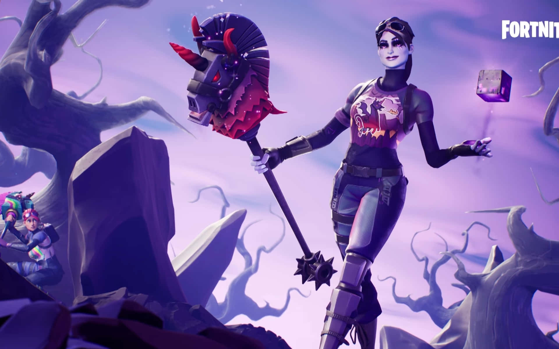 Fortnite Dark Bomber, demonic unicorn warhammer, twisted purple trees, Full HD Desktop Wallpaper