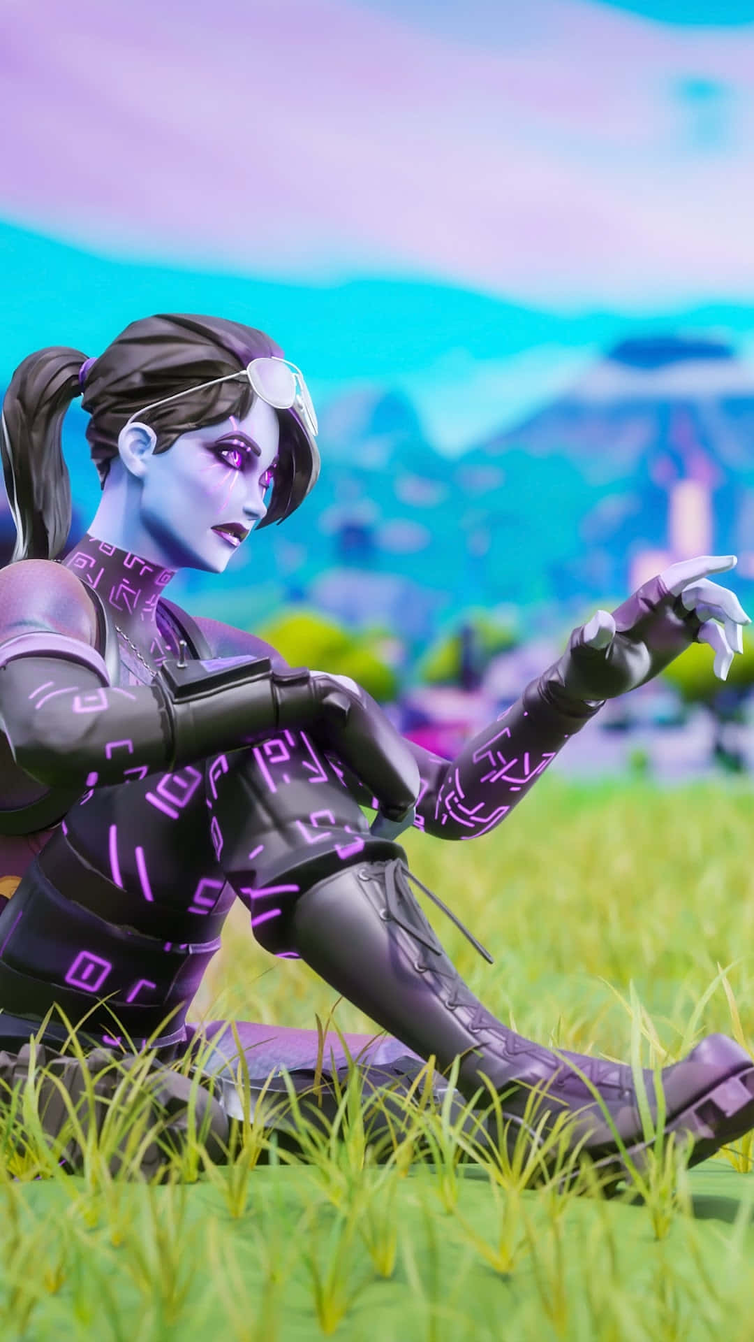 Fortnite Dark Bomber, glowing purple runes, cross-legged, Full HD Phone Wallpaper