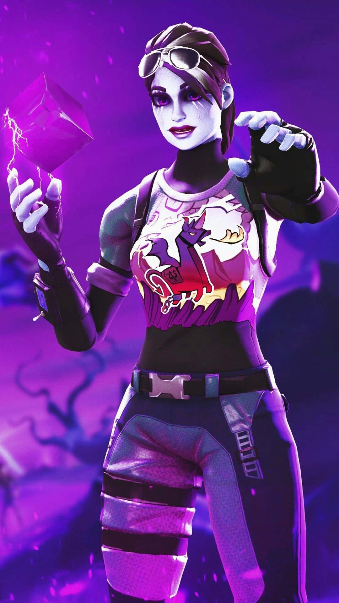 Fortnite Dark Bomber, female video game character, purple-lit scene, Full HD Phone Wallpaper