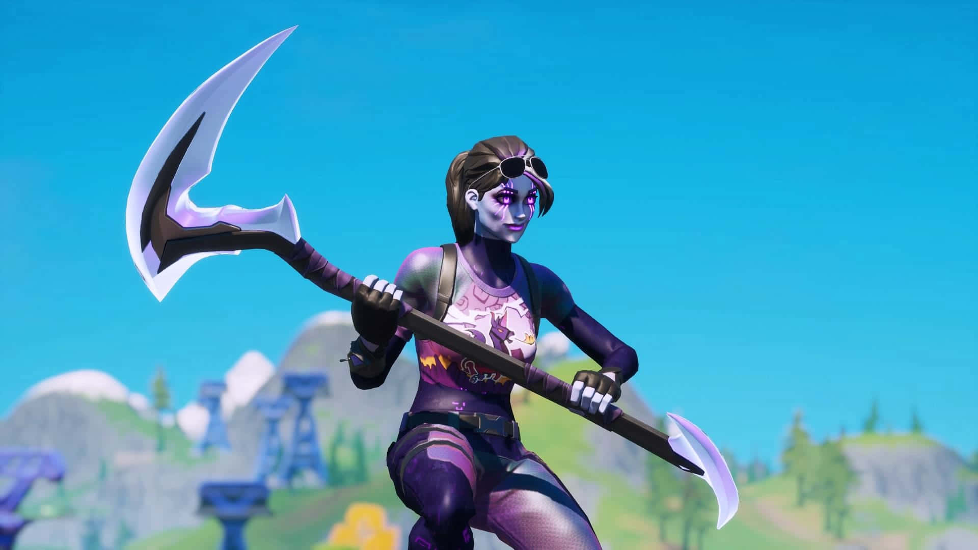 Fortnite Dark Bomber, pickaxe, purple-clad female warrior, Full HD Desktop Wallpaper