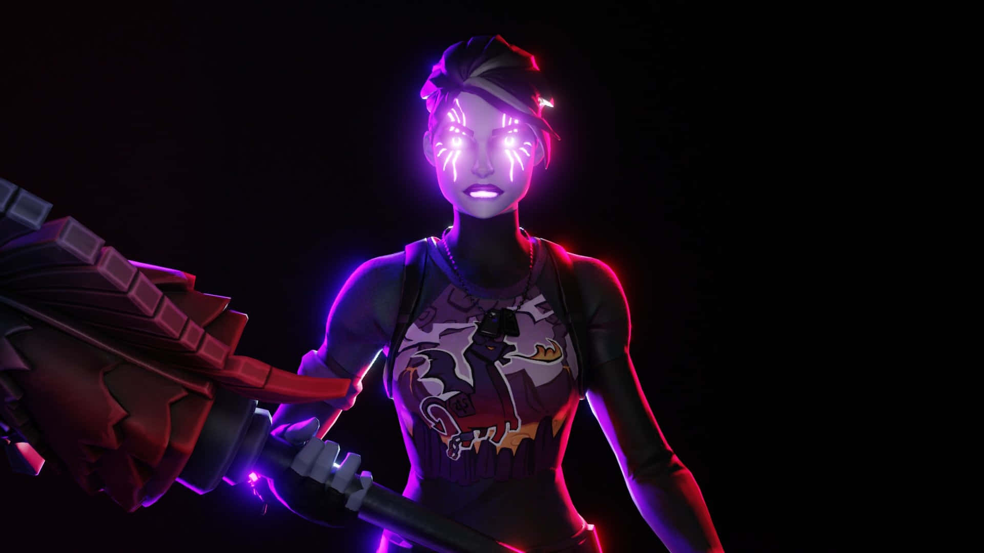 Fortnite Dark Bomber, glowing purple and pink neon-lit, cybernetic eyes, Full HD Desktop Wallpaper