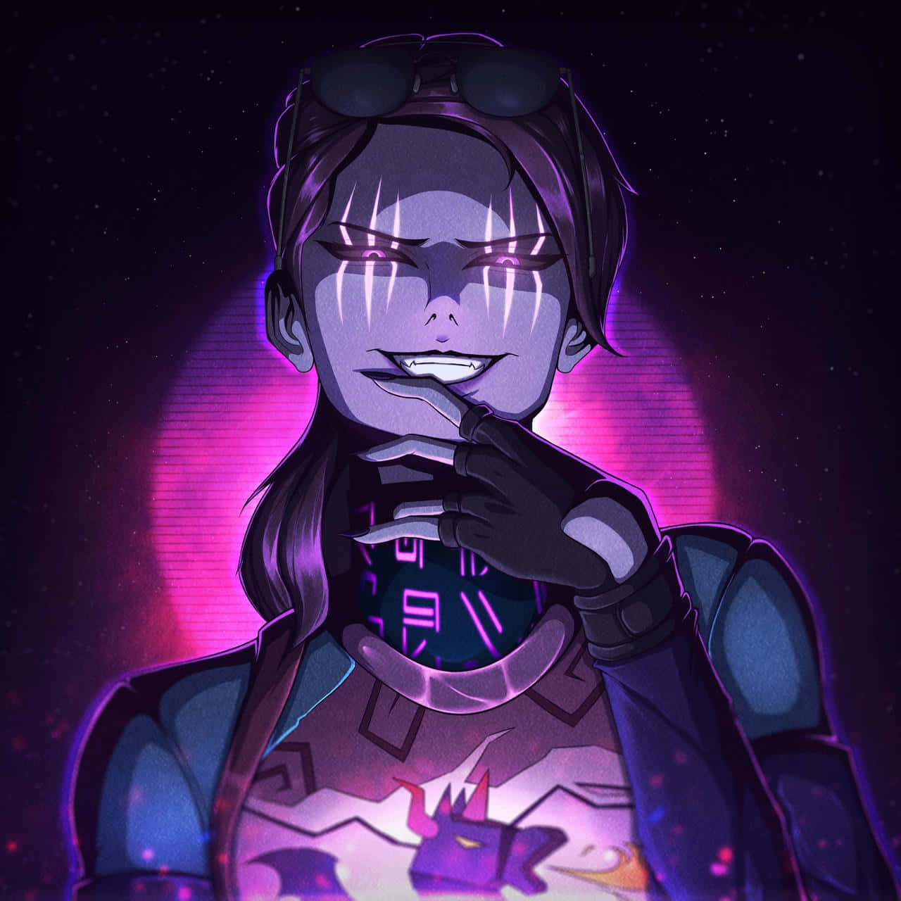 Fortnite Dark Bomber, glowing purple eyes, cyberpunk anime girl, HD Desktop Wallpaper