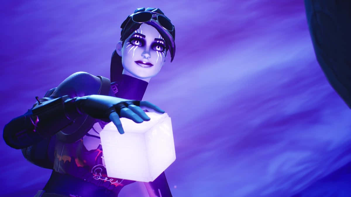 Fortnite Dark Bomber, glowing white cube, swirling purple and blue nebula backdrop, SD Desktop Wallpaper