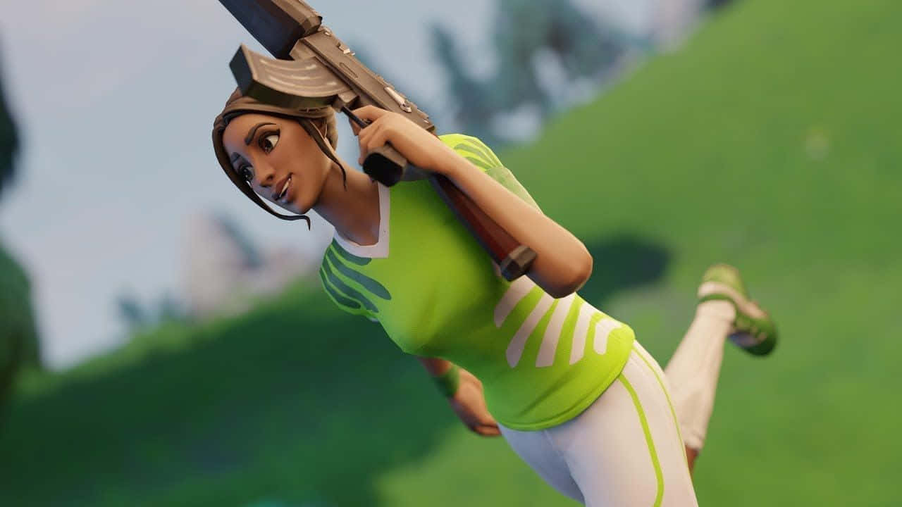 Fortnite, green outfit, rifle, HD Desktop Wallpaper