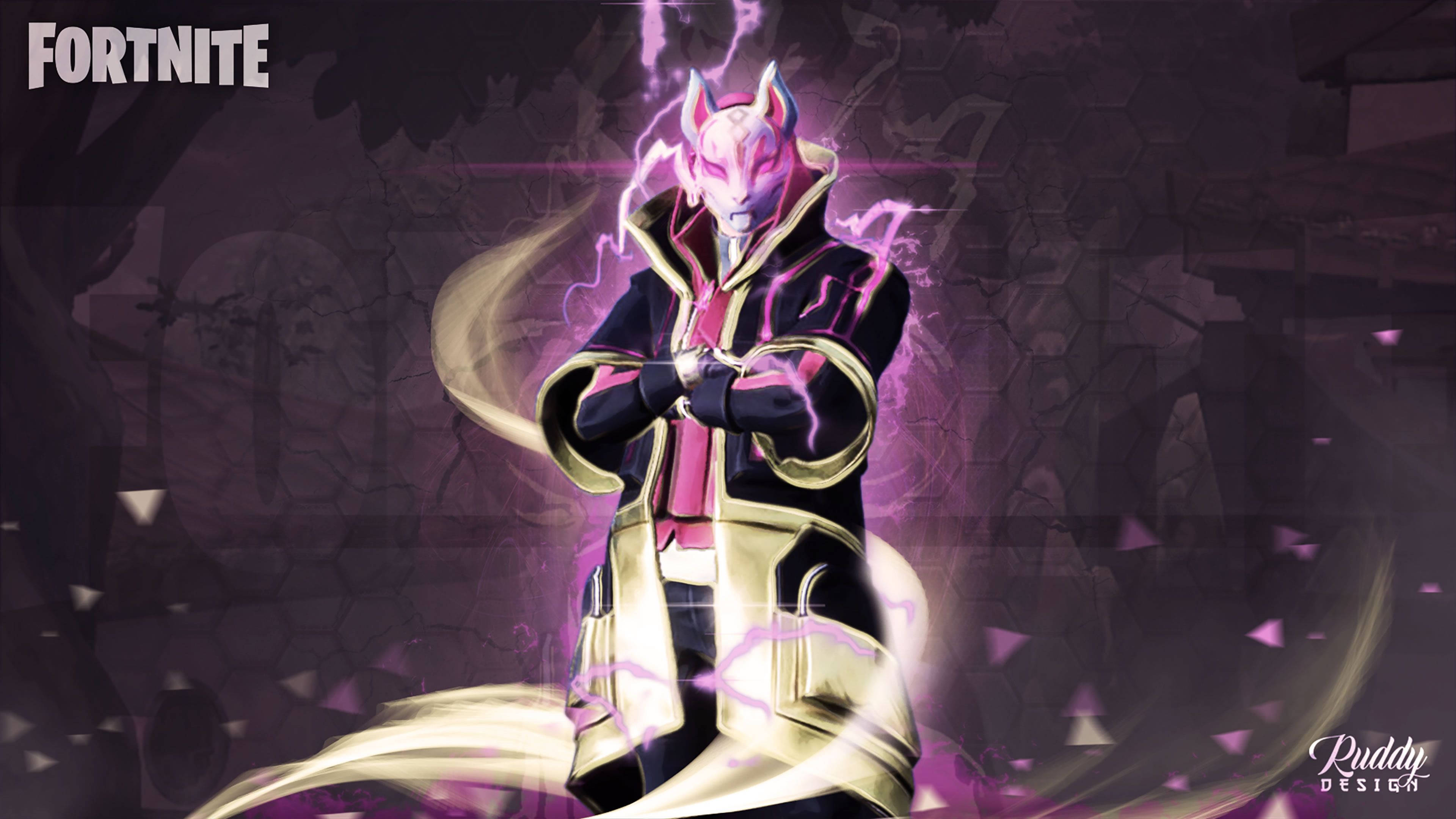 Fortnite, glowing pink fox-headed character, black and gold outfit, 4K Desktop Wallpaper