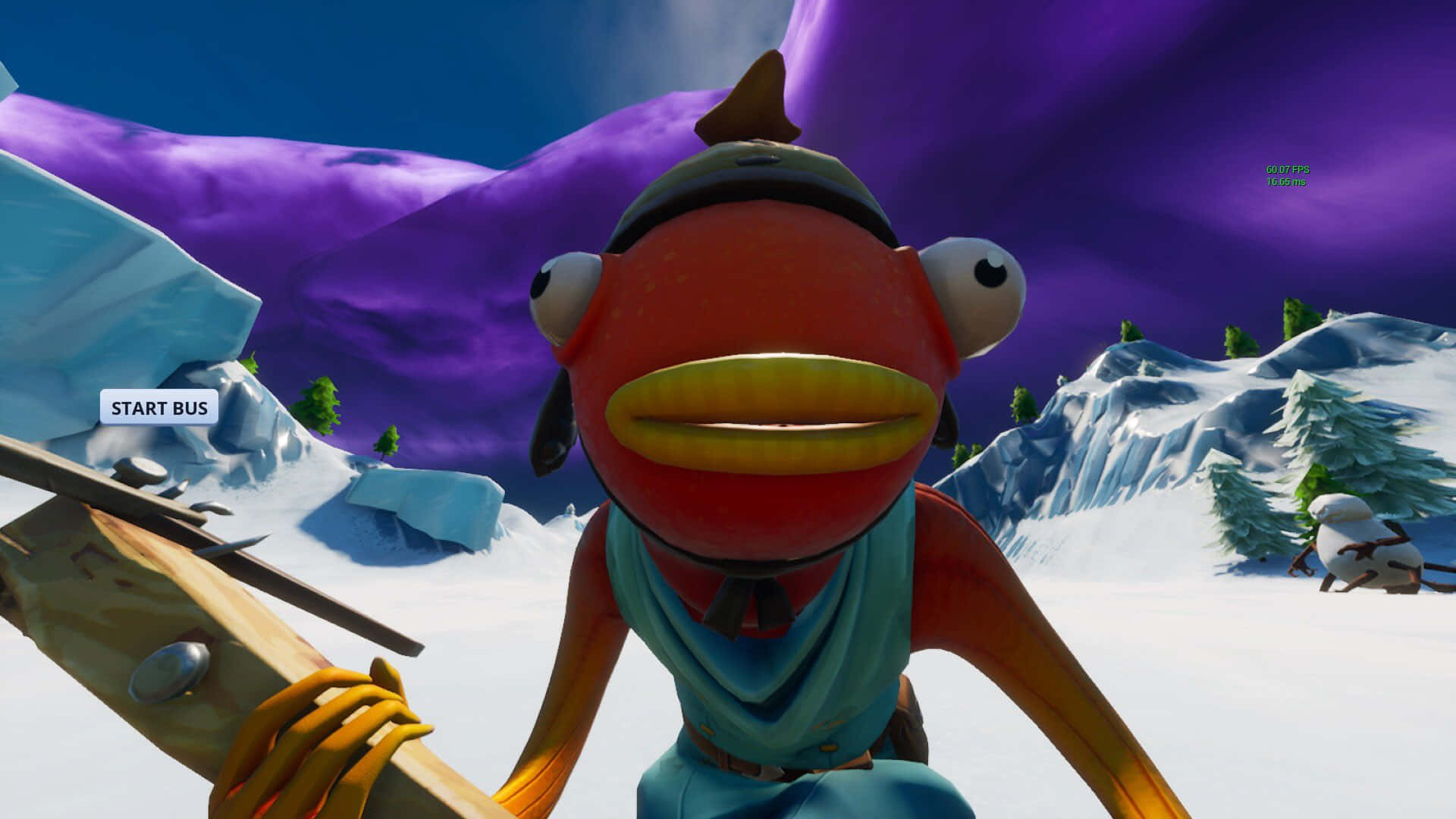 Fortnite Fishstick, cartoonish red fish character, snowy mountain landscape, Full HD Desktop Wallpaper