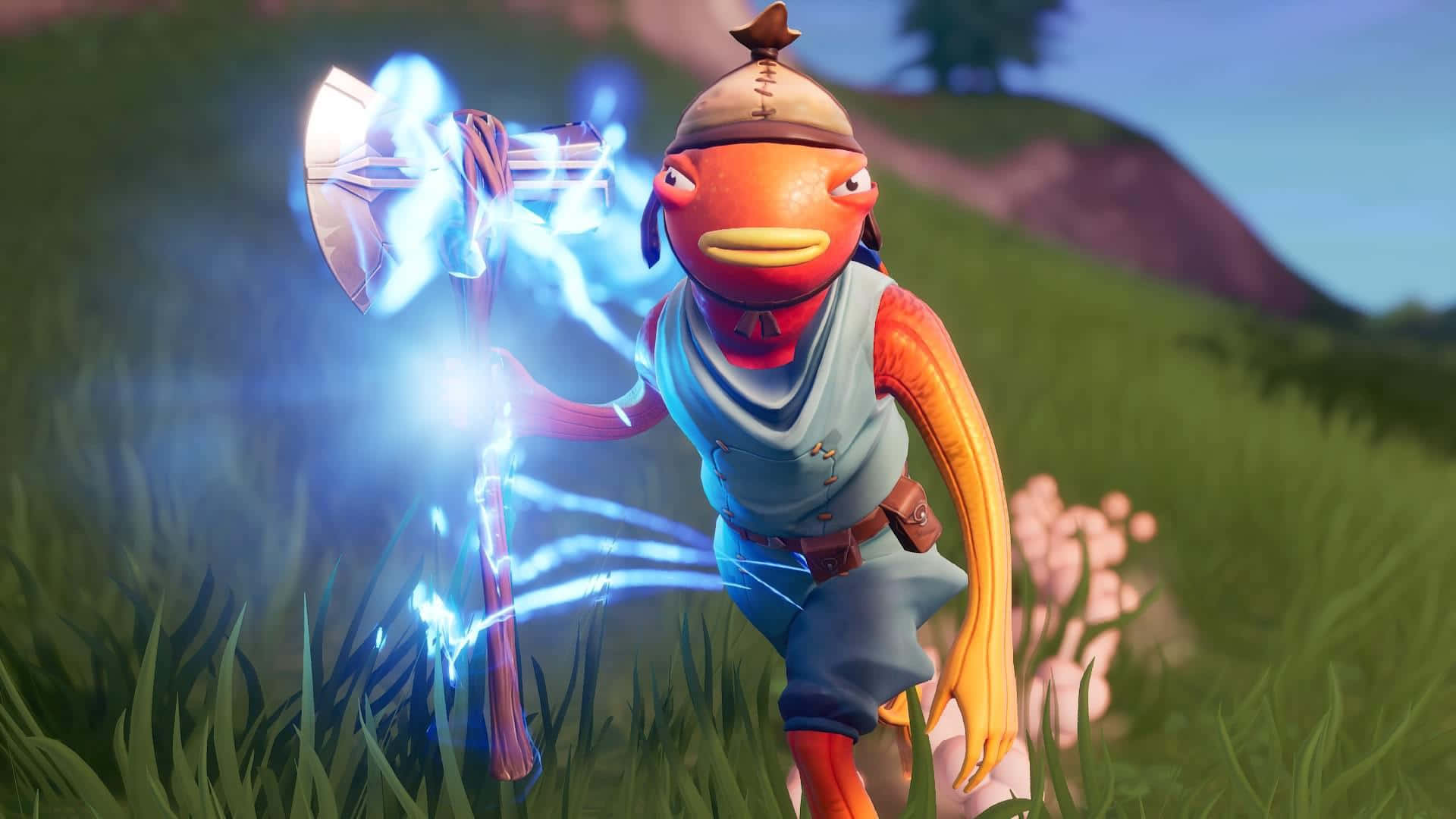 Fortnite Fishstick, cartoonish orange fish character, glowing blue axe, Full HD Desktop Wallpaper