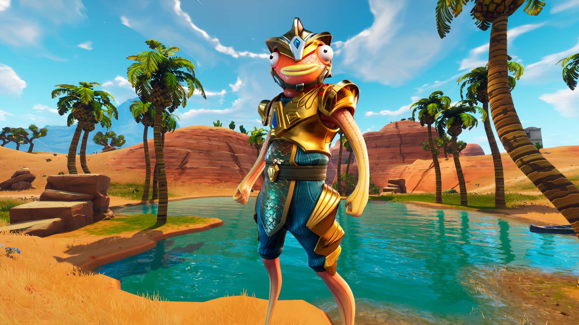 Fortnite Fishstick, golden armor, turquoise pool, Full HD Desktop Wallpaper