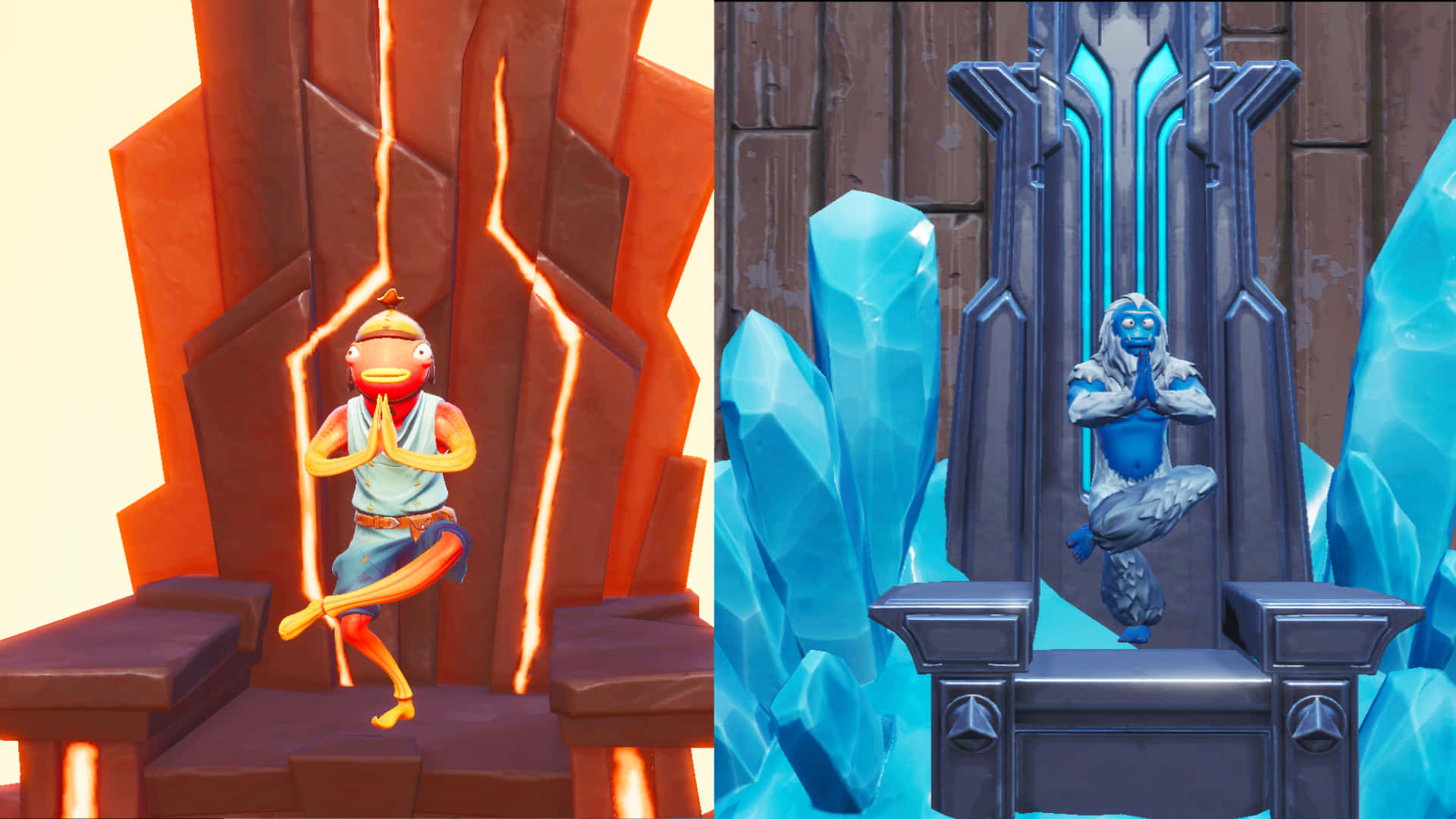 Fortnite Fishstick, cartoonish characters, fiery thrones, Full HD Desktop Wallpaper