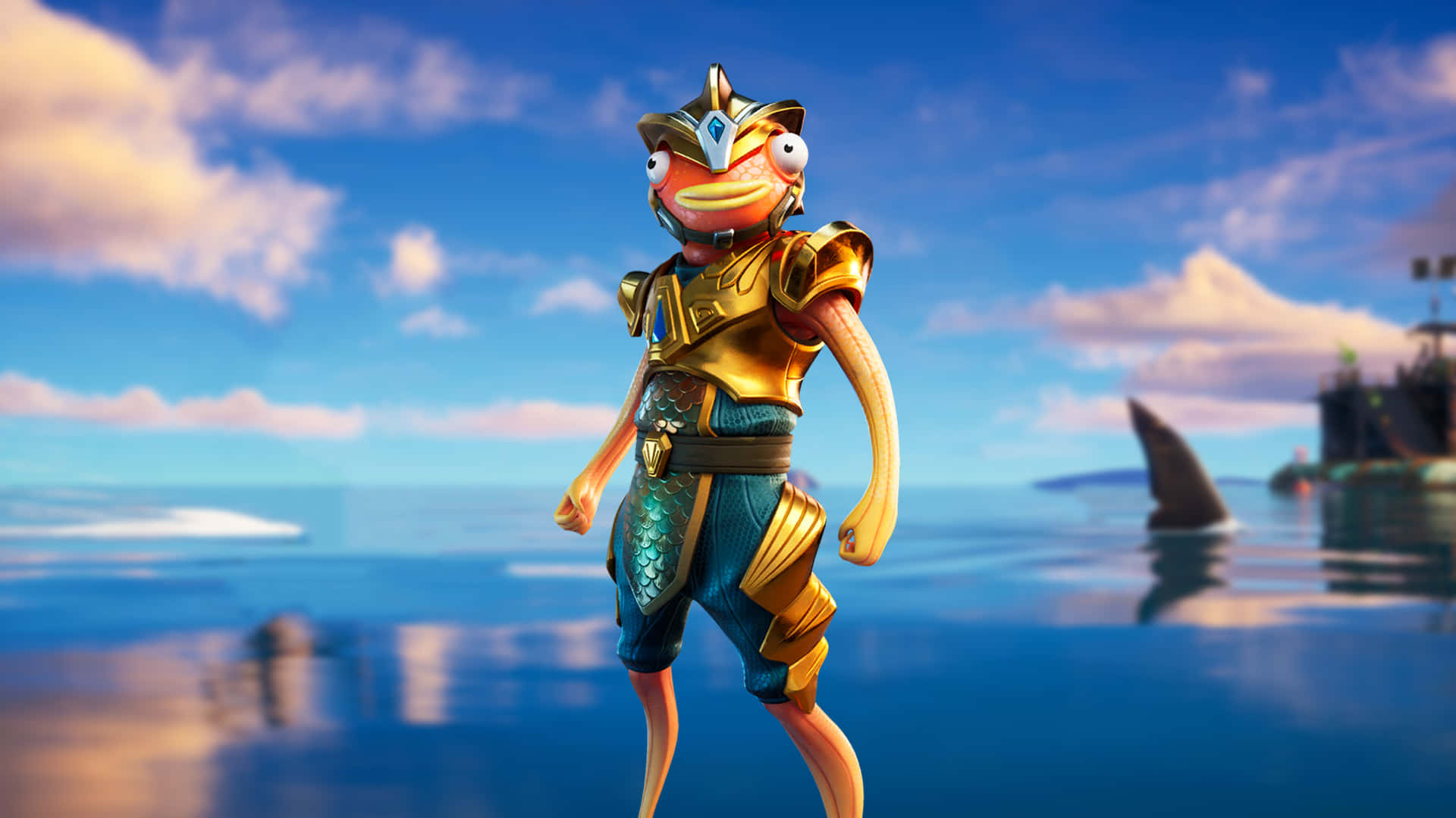 Fortnite Fishstick, golden-armored fish character, calm blue water, Full HD Desktop Wallpaper