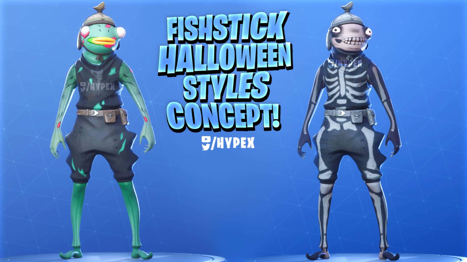 Fortnite Fishstick, Halloween skins, blue grid background, Full HD Desktop Wallpaper