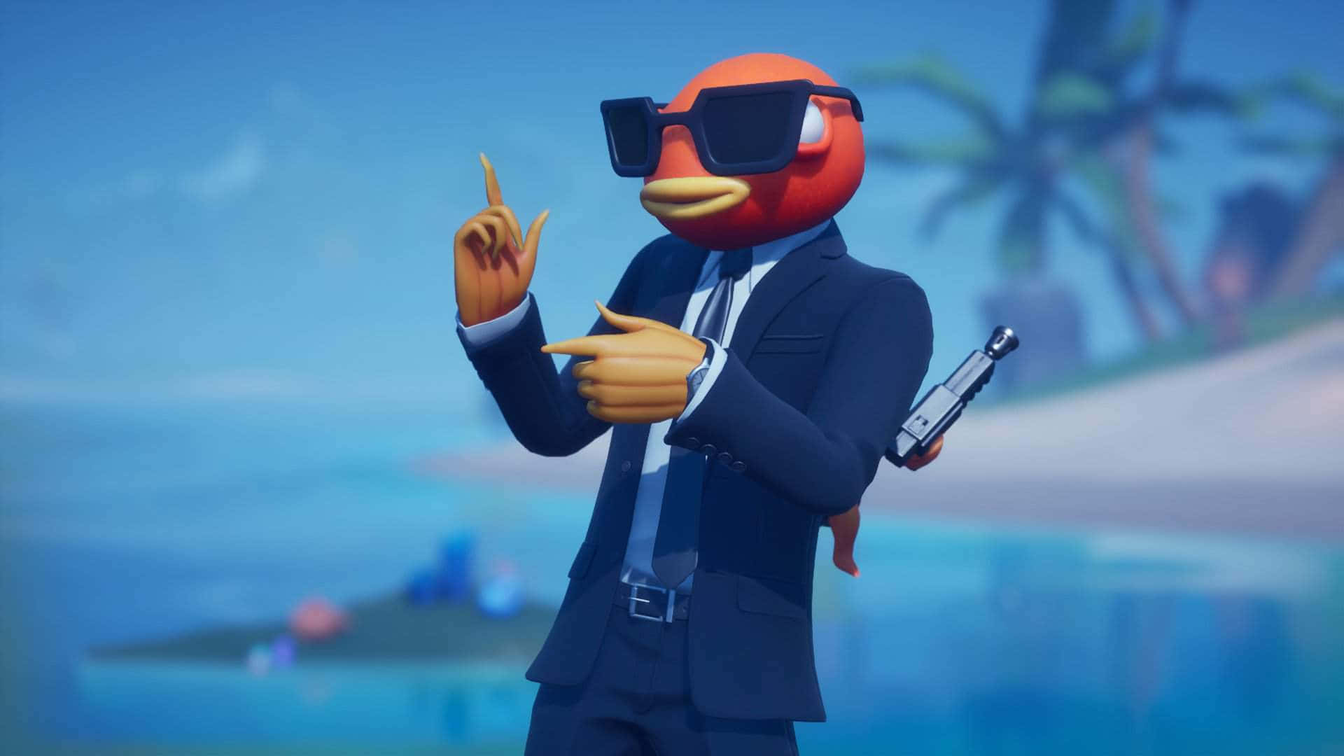 Fortnite Fishstick, orange penguin, sharp suit, Full HD Desktop Wallpaper