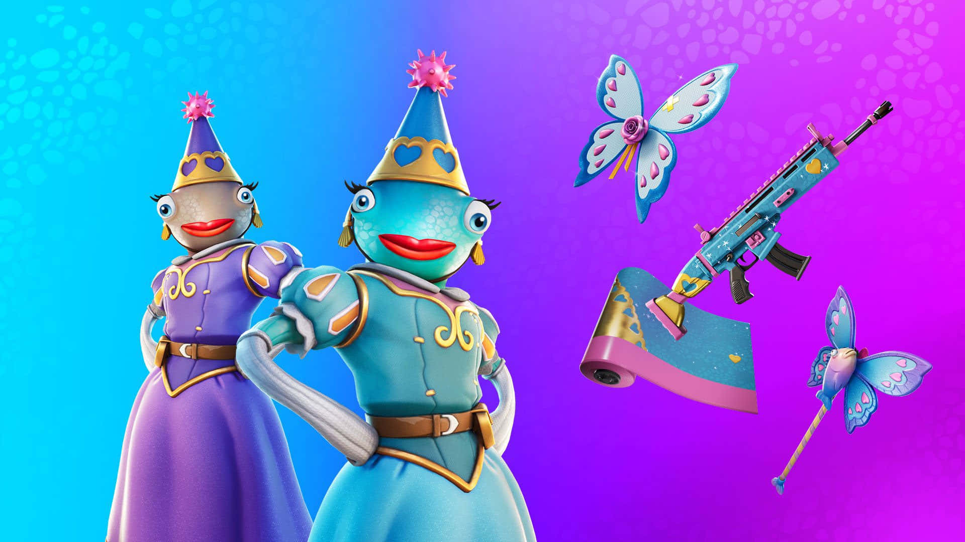 Fortnite Fishstick, cartoonish fish characters, royal attire, Full HD Desktop Wallpaper