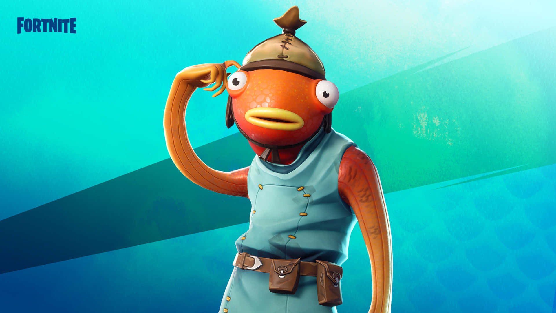 Fortnite Fishstick, orange fish character, blue vest, Full HD Desktop Wallpaper