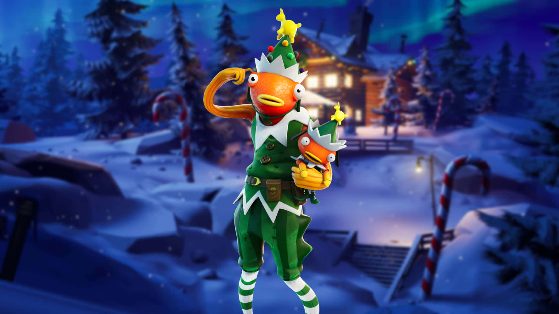 Fortnite Fishstick, orange fish, green elf outfit, Full HD Desktop Wallpaper