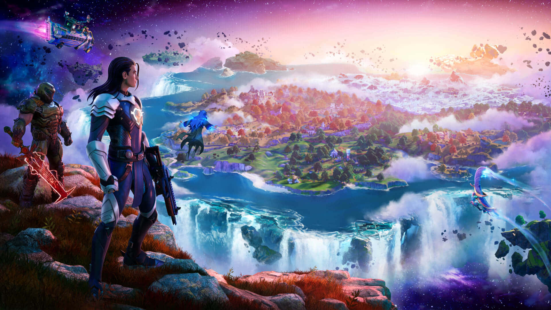 Fortnite Galaxy, floating island, glowing cities, Full HD Desktop Wallpaper