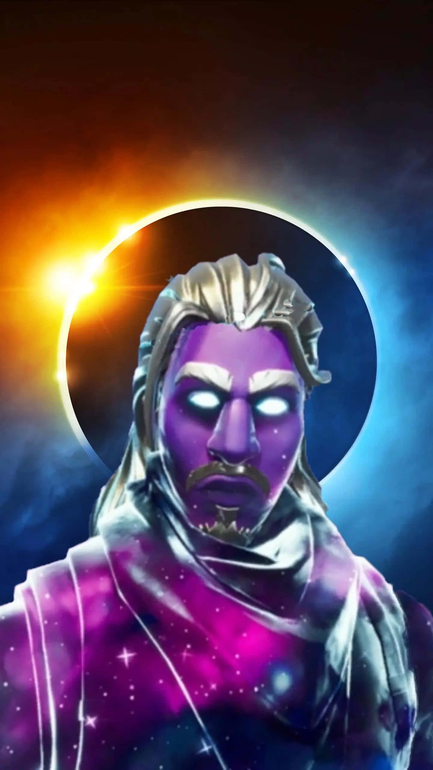 Fortnite Galaxy, purple-skinned warrior, cosmic eclipse, 2K Phone Wallpaper