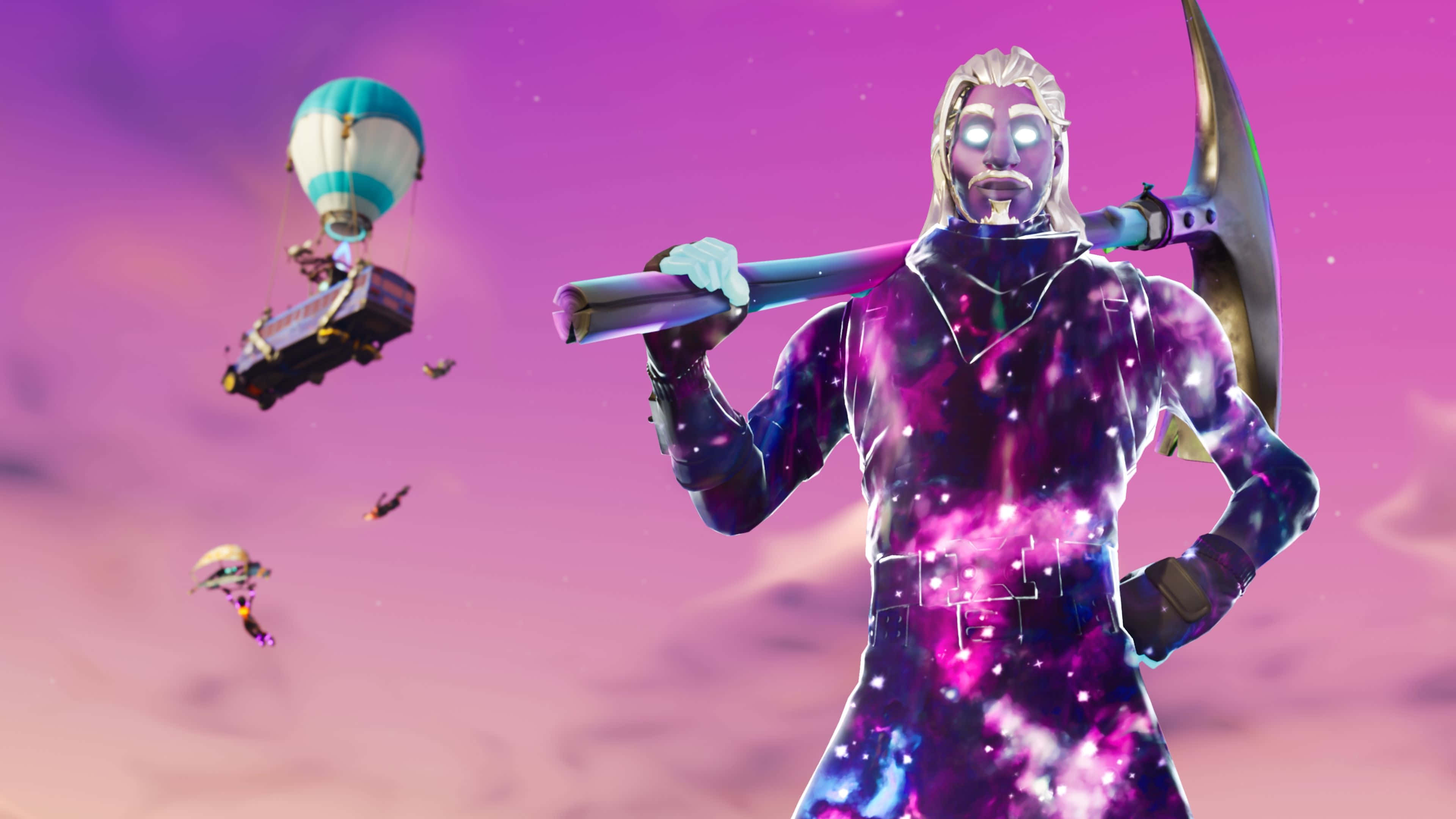 Fortnite Galaxy, galaxy-patterned armor, vibrant purple sky, 4K Desktop Wallpaper