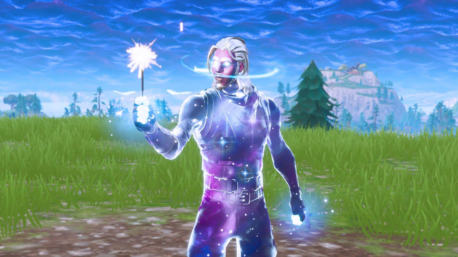 Fortnite Galaxy, glowing purple armored figure, sparkling firework, Full HD Desktop Wallpaper