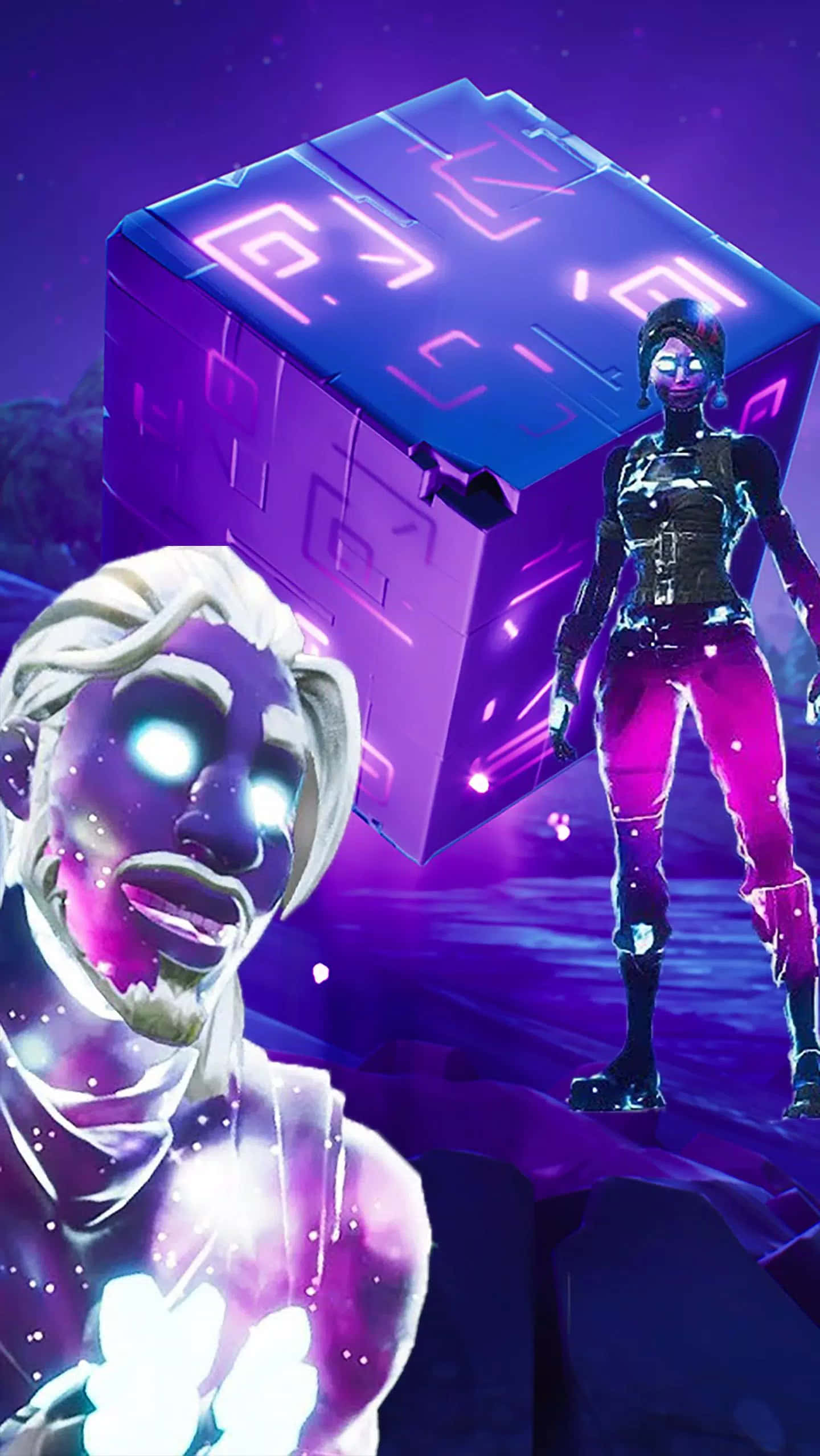 Fortnite Galaxy, cosmic purple landscape, neon-lit cube, Full HD Phone Wallpaper