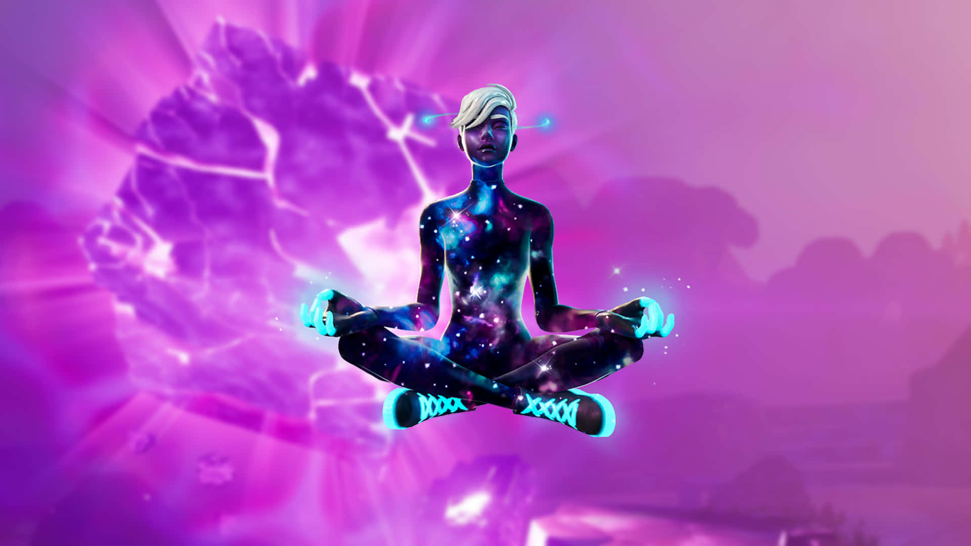 Fortnite Galaxy, lotus pose, radiant purple cosmic background, Full HD Desktop Wallpaper