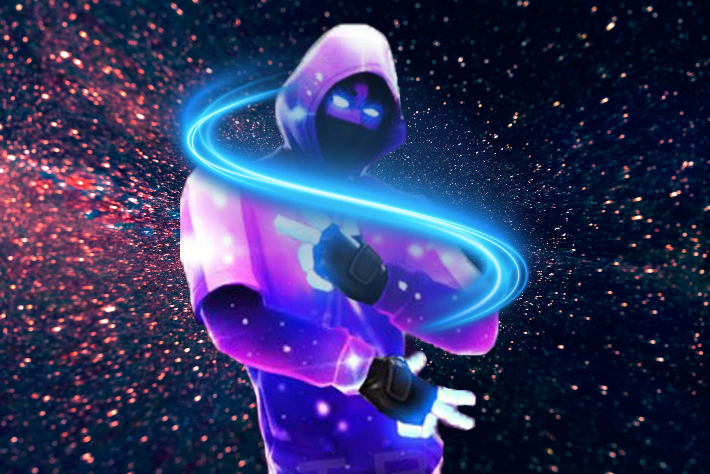 Fortnite Galaxy, glowing purple armor, bright blue energy ring, 2K Desktop Wallpaper