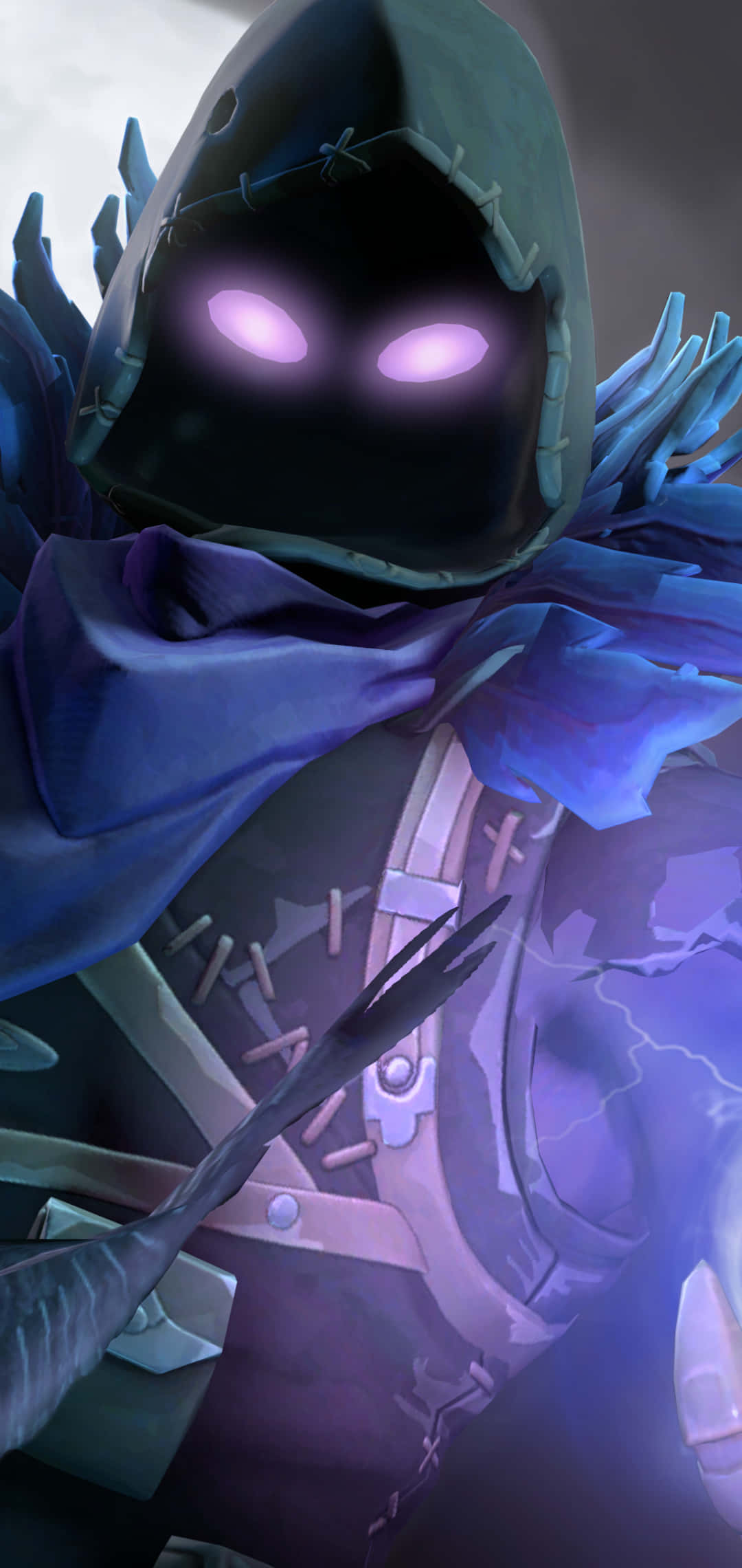 Fortnite Galaxy, glowing purple eyes, blue feathered cloak, Full HD Phone Wallpaper