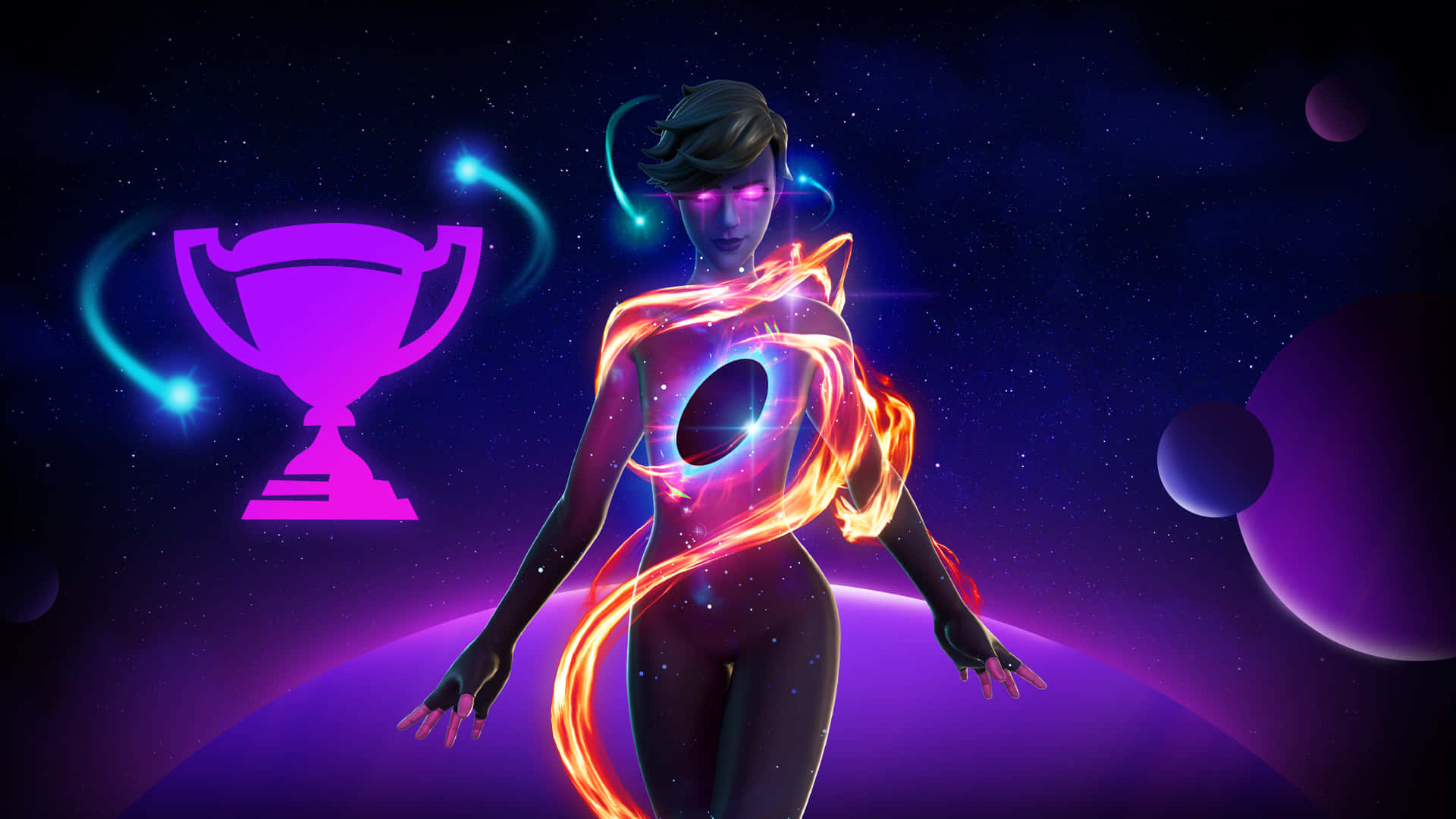 Fortnite Galaxy, neon energy swirls, purple trophy, Full HD Desktop Wallpaper
