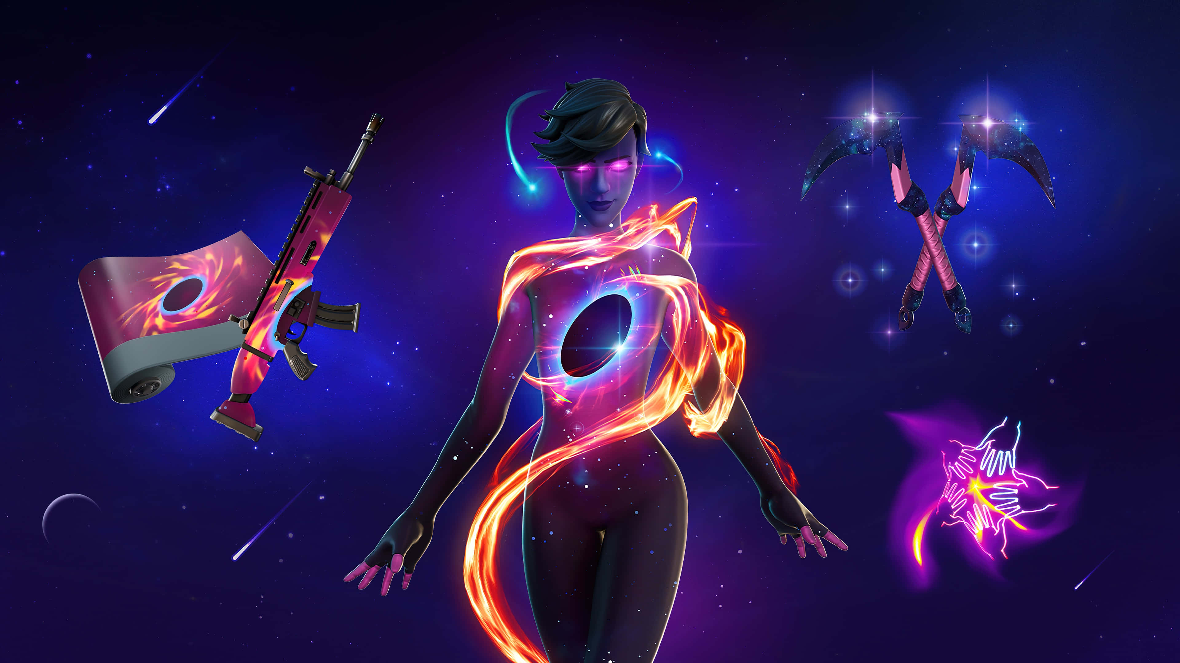 Fortnite Galaxy, glowing cosmic figure, neon energy trails, 4K Desktop Wallpaper