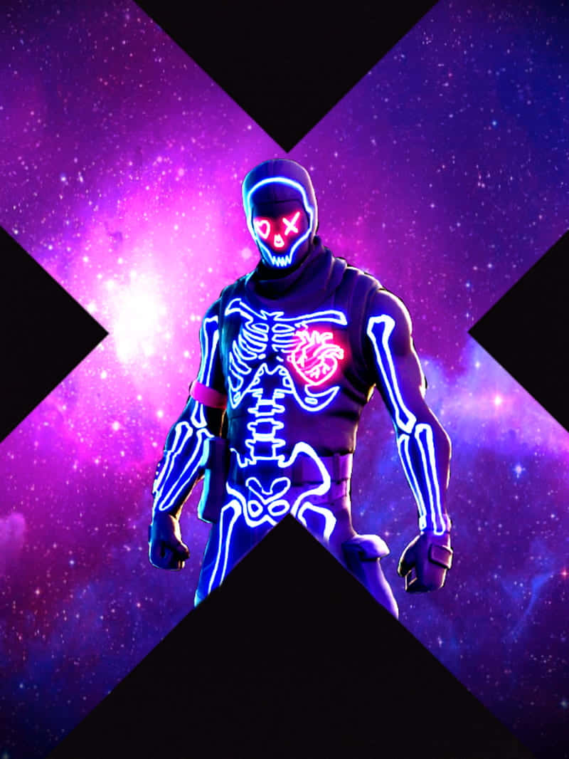 Fortnite Galaxy, neon-lit skeleton figure, glowing red eyes, SD Phone Wallpaper