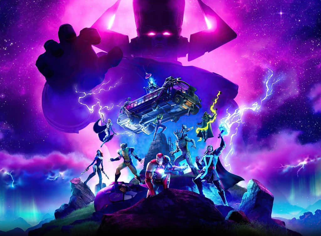 Fortnite Galaxy, purple lightning-filled sky, giant looming figure, SD Desktop Wallpaper